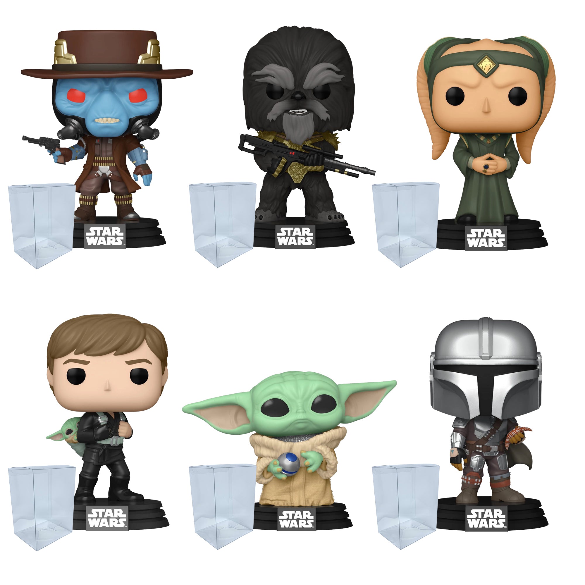 Star Wars Book of Boba Fett Funko Pop Set of 6 with Protector Cases – Cad Bane, Krrsantan, Majordomo, Luke Skywalker & Grogu, Grogu with Armor, The Mandalorian