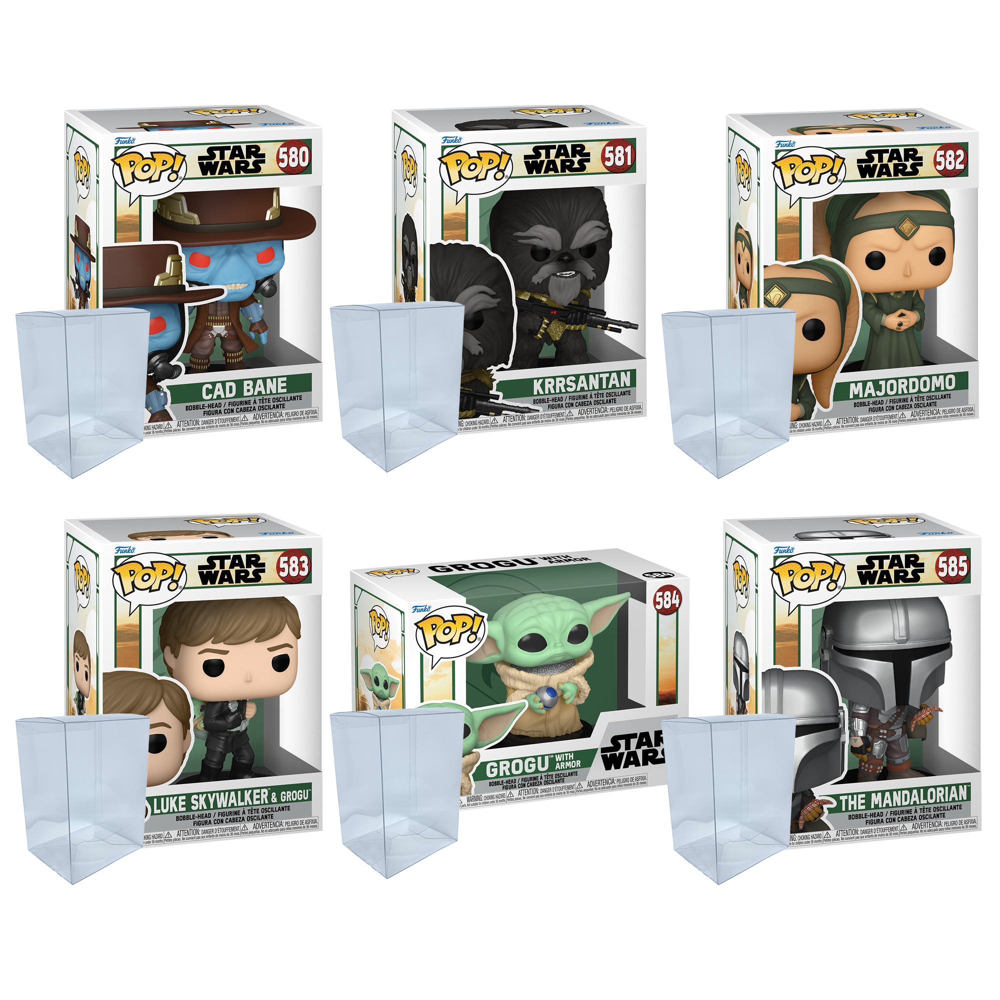 Star Wars Book of Boba Fett Funko Pop Set of 6 with Protector Cases – Cad Bane, Krrsantan, Majordomo, Luke Skywalker & Grogu, Grogu with Armor, The Mandalorian