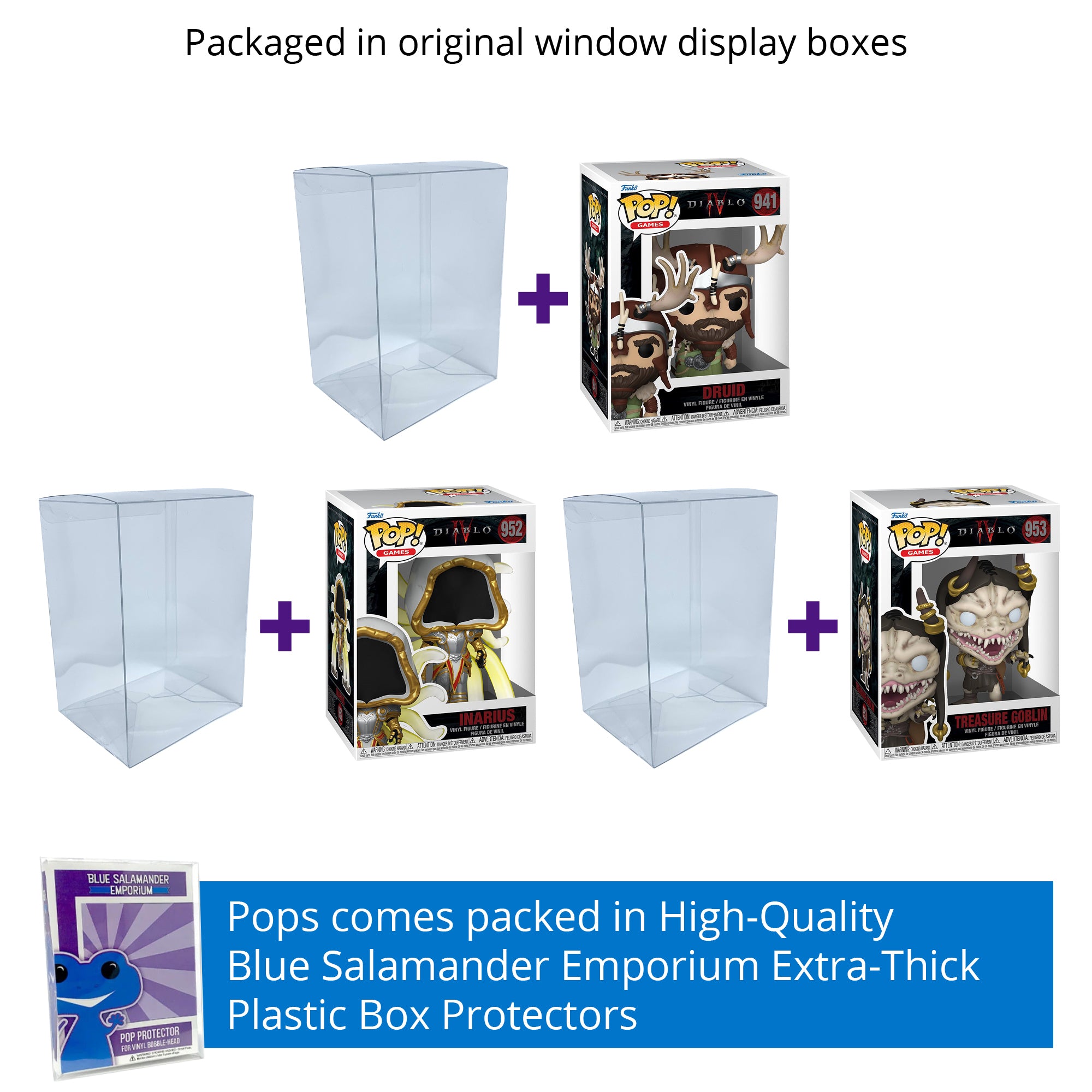 Diablo IV Funko Pop Set of 3 with Protector Cases – Druid #941, Inarius #952, Treasure Goblin #953