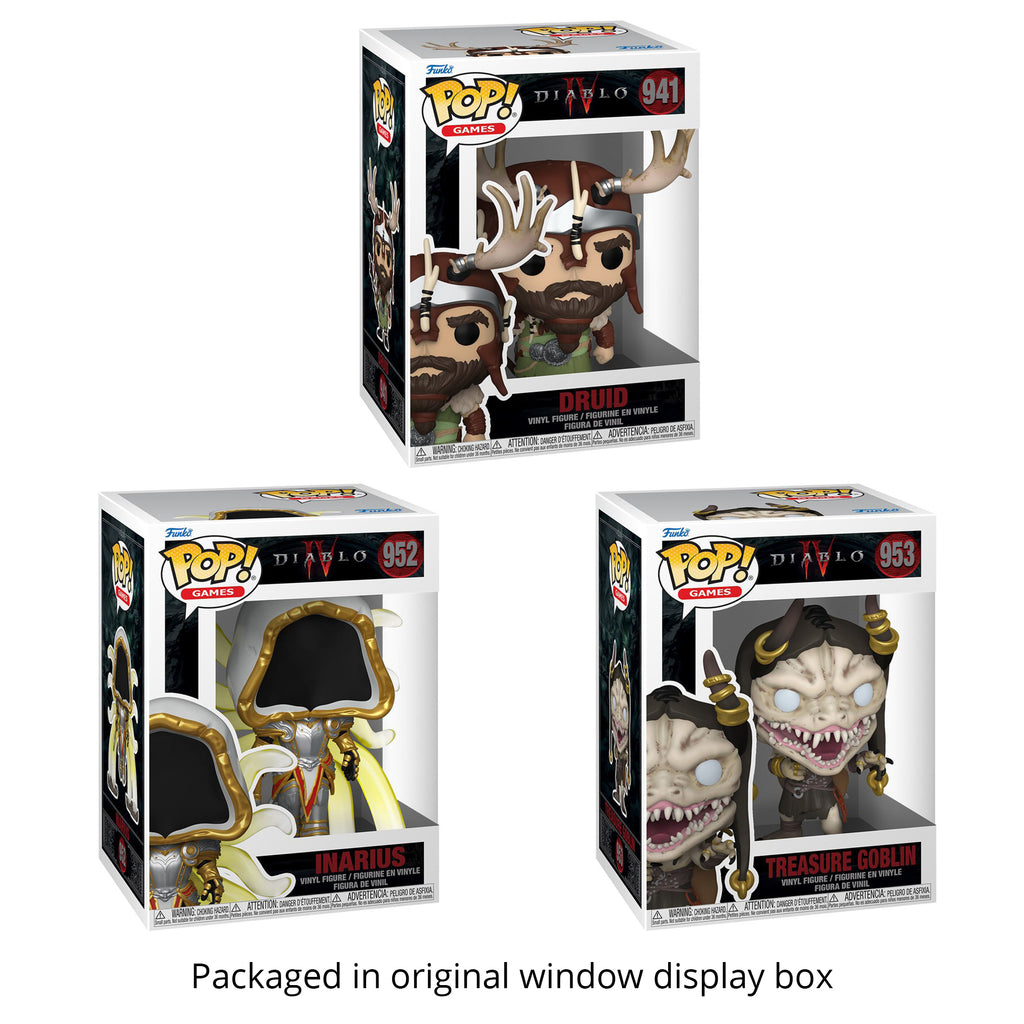 Diablo IV Funko Pop Set of 3 with Protector Cases – Druid #941, Inarius #952, Treasure Goblin #953