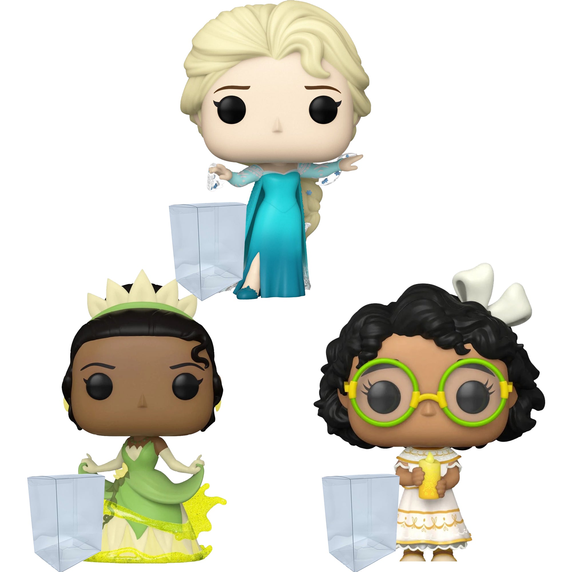 Disney 100 Princess Funko Pop Set of 3 with Protector Cases – Elsa #1319, Tiana #1321, Mirabel (Glow in the Dark) #1327