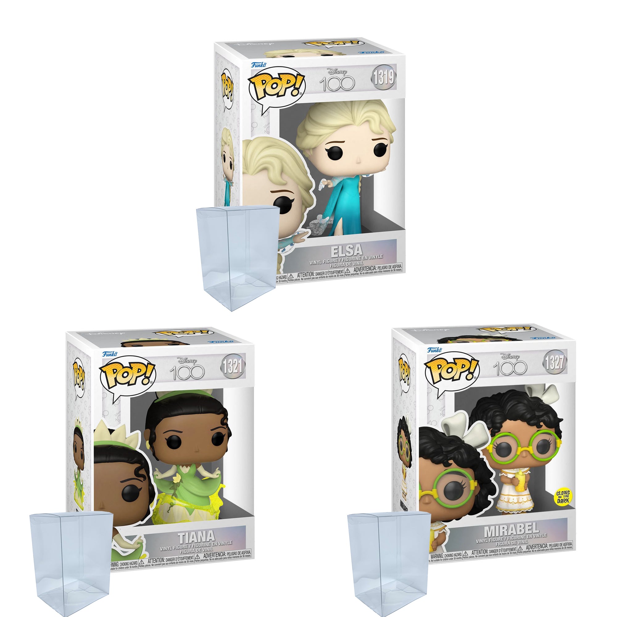 Disney 100 Princess Funko Pop Set of 3 with Protector Cases – Elsa #1319, Tiana #1321, Mirabel (Glow in the Dark) #1327