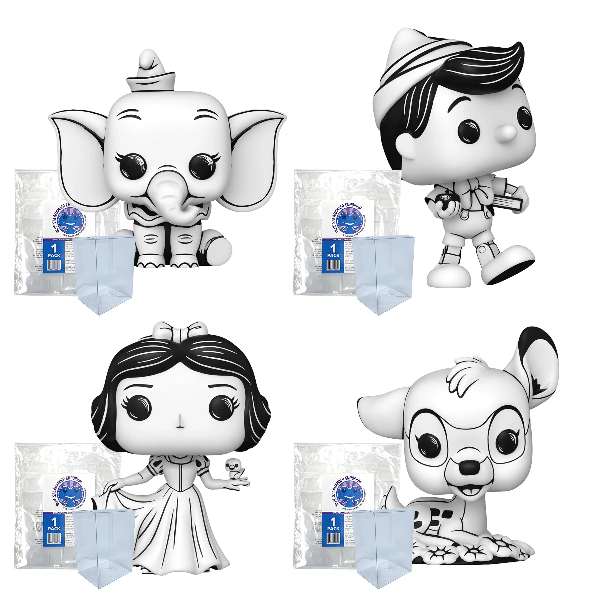 Disney Sketched Funko Pop Set of 4 with Protector Cases – Dumbo #1524, Pinocchio #1525, Snow White #1526, Bambi #1527