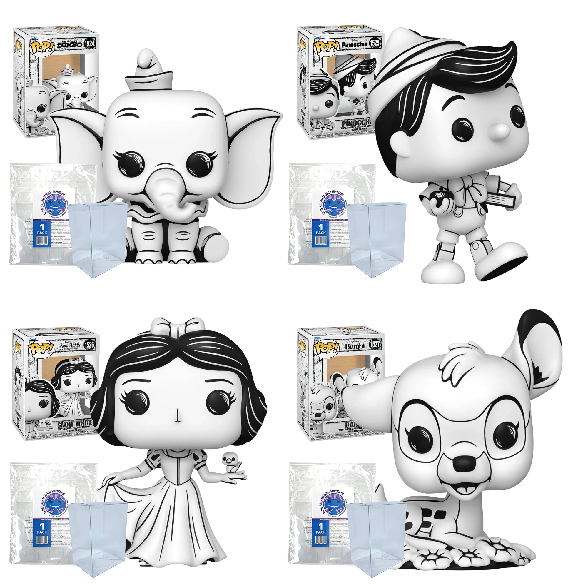 Disney Sketched Funko Pop Set of 4 with Protector Cases – Dumbo #1524, Pinocchio #1525, Snow White #1526, Bambi #1527