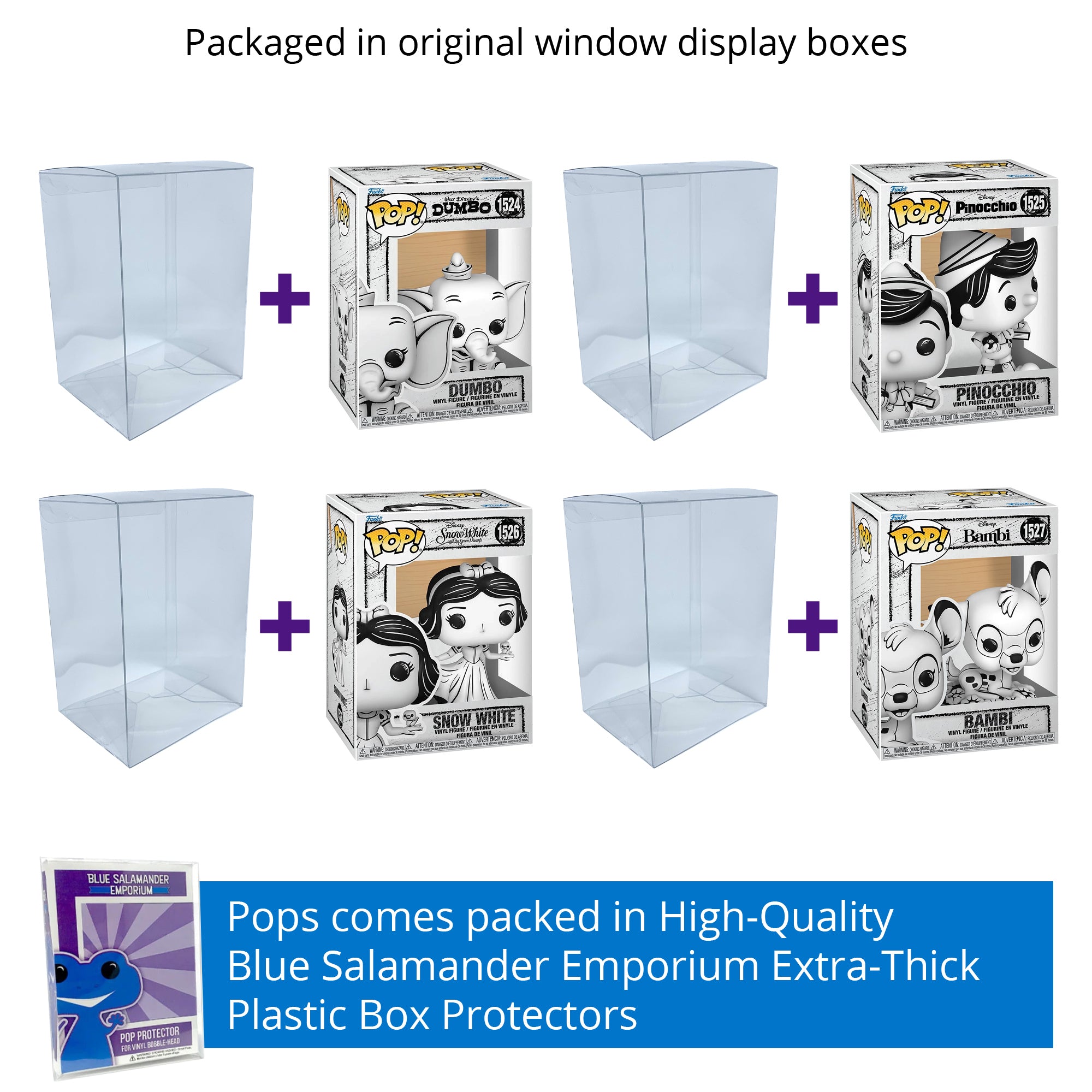 Disney Sketched Funko Pop Set of 4 with Protector Cases – Dumbo #1524, Pinocchio #1525, Snow White #1526, Bambi #1527