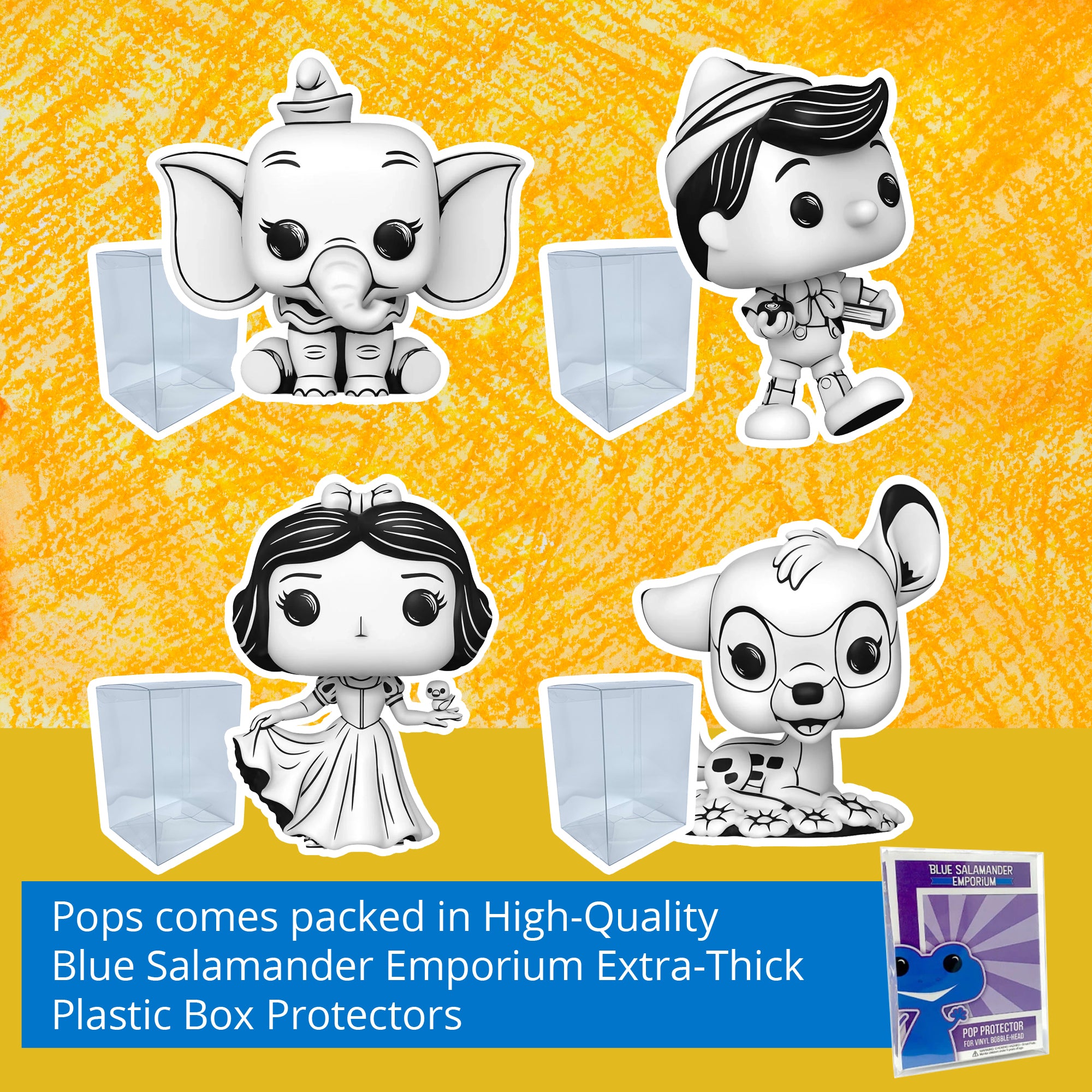 Disney Sketched Funko Pop Set of 4 with Protector Cases – Dumbo #1524, Pinocchio #1525, Snow White #1526, Bambi #1527