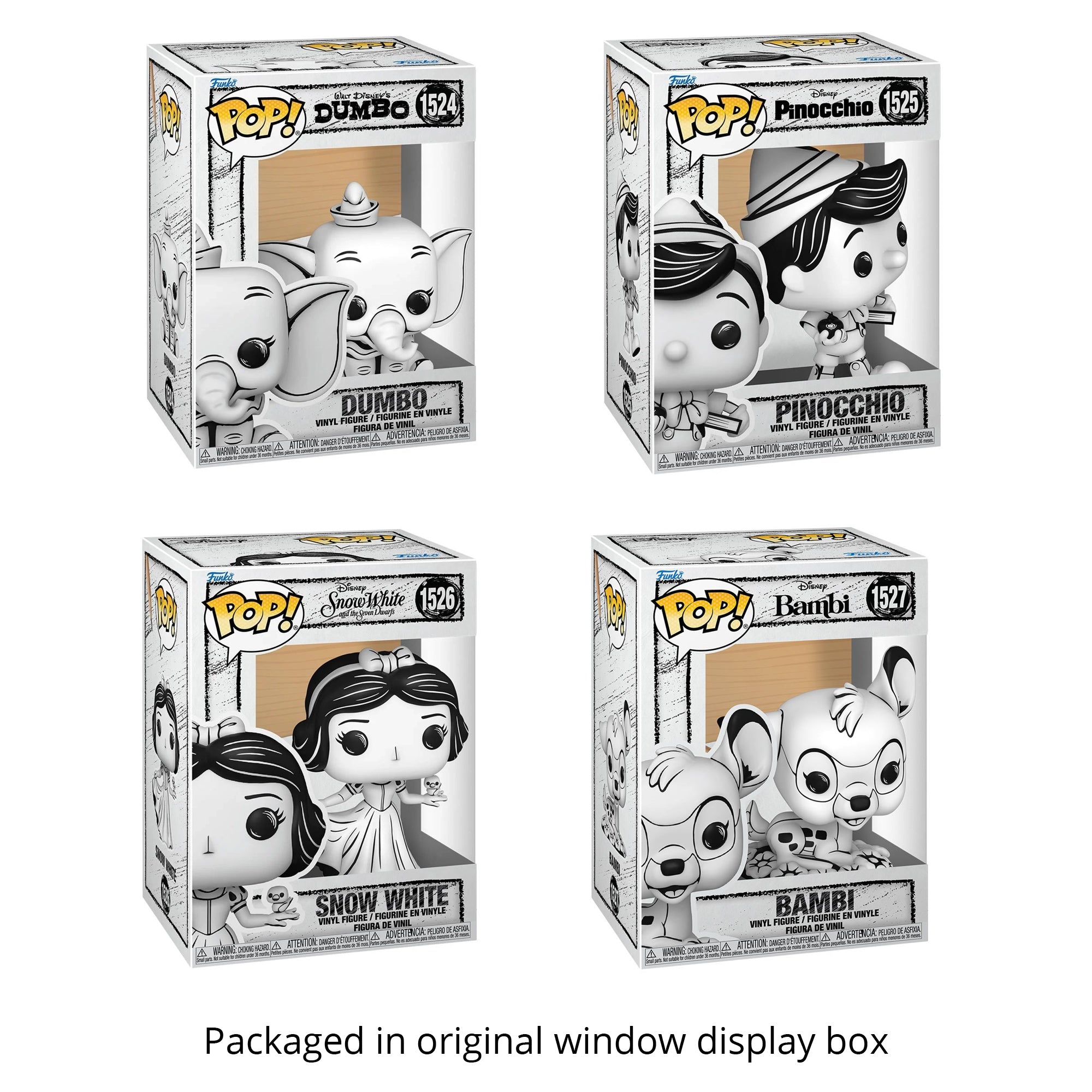 Disney Sketched Funko Pop Set of 4 with Protector Cases – Dumbo #1524, Pinocchio #1525, Snow White #1526, Bambi #1527