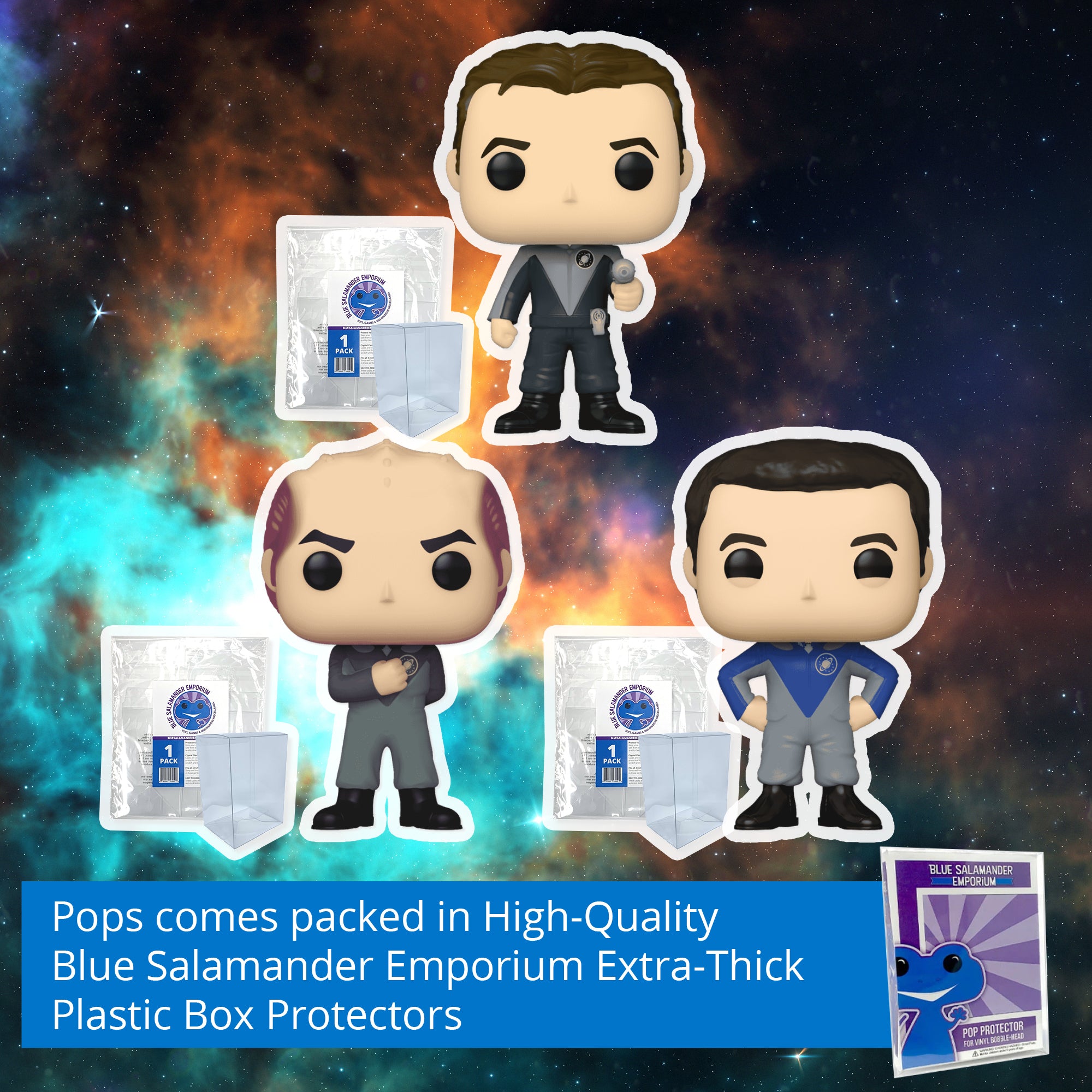 Galaxy Quest Funko Pop Set of 3 with Protector Cases – Jason Nesmith #1527, Alexander Dane #1528, Fred Kwan #1529