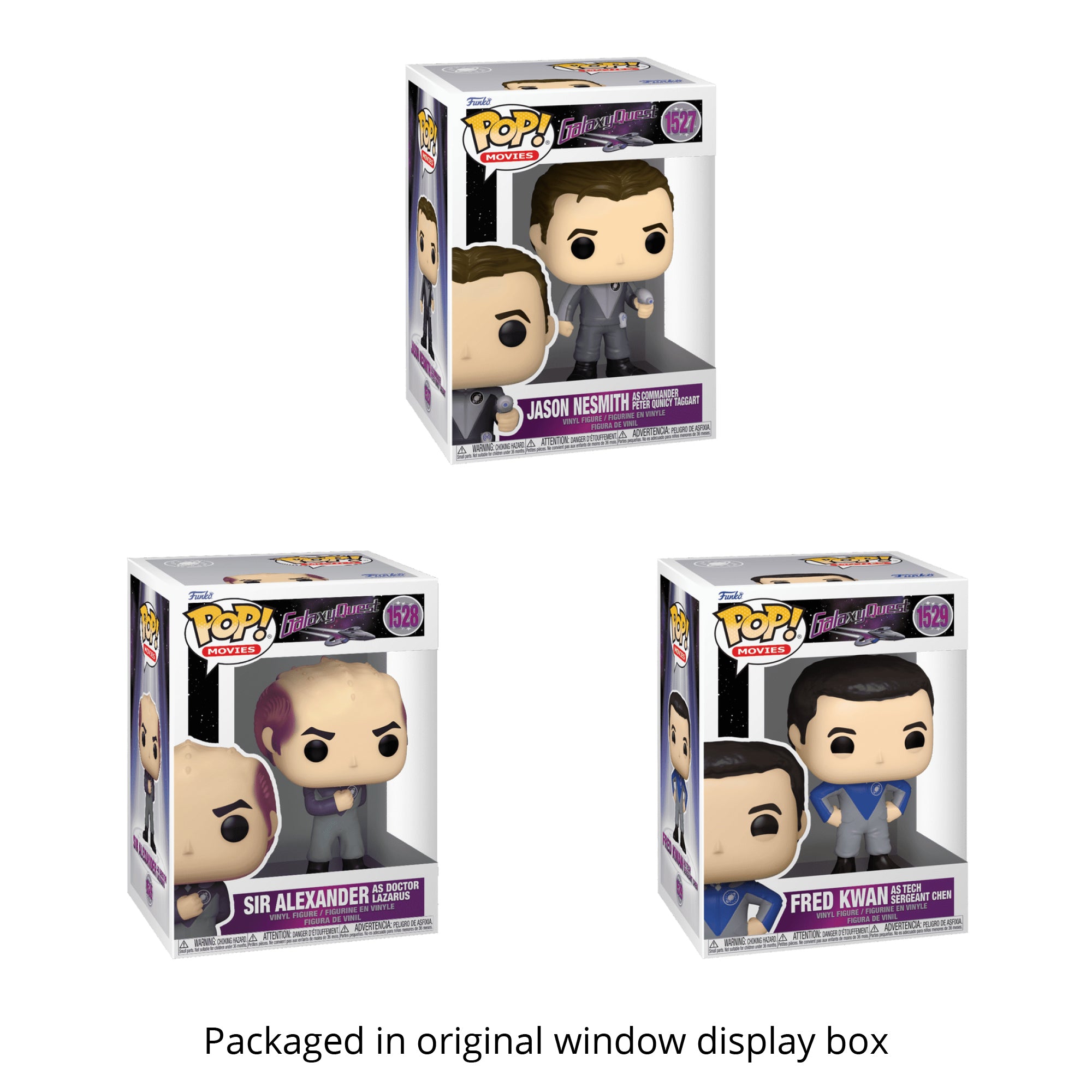 Galaxy Quest Funko Pop Set of 3 with Protector Cases – Jason Nesmith #1527, Alexander Dane #1528, Fred Kwan #1529