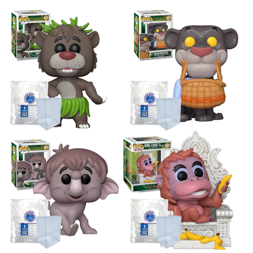 Disney Jungle Book Funko Pop Set of 4 with Protector Cases – Baloo #1474, Bagheera with Basket #1475, Hathi Jr. #1476, King Louie on Throne Deluxe #1491