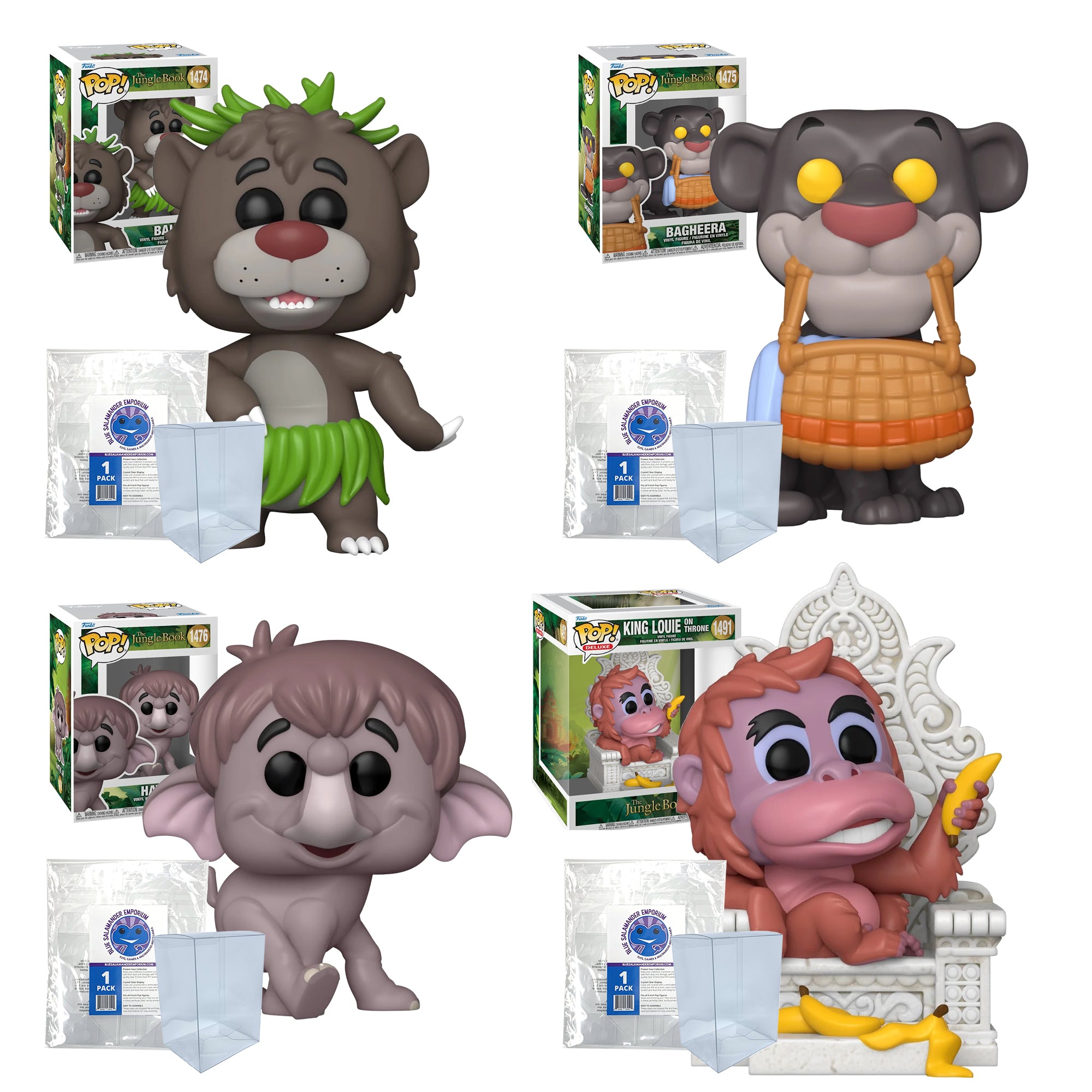 Disney Jungle Book Funko Pop Set of 4 with Protector Cases – Baloo #1474, Bagheera with Basket #1475, Hathi Jr. #1476, King Louie on Throne Deluxe #1491