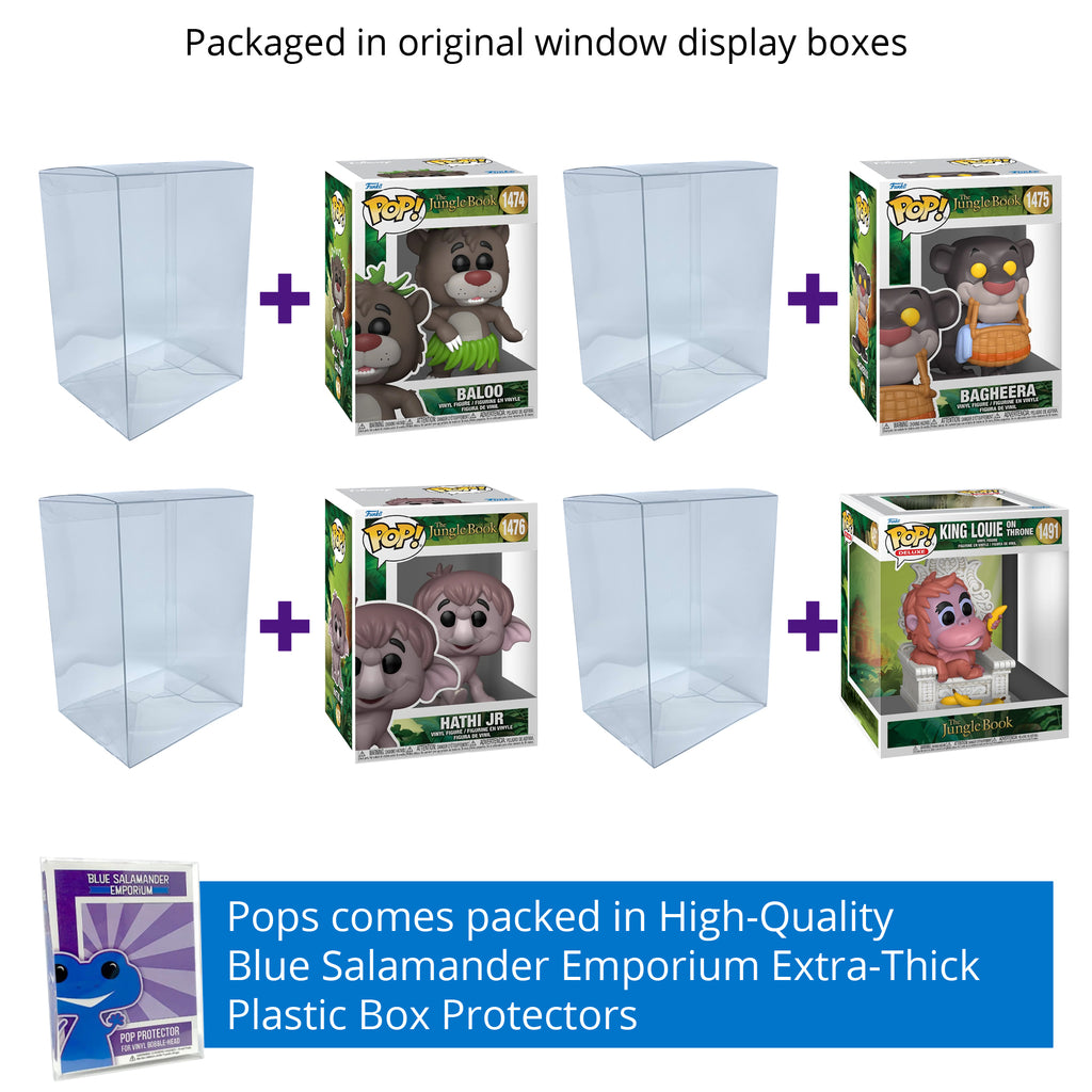 Disney Jungle Book Funko Pop Set of 4 with Protector Cases – Baloo #1474, Bagheera with Basket #1475, Hathi Jr. #1476, King Louie on Throne Deluxe #1491
