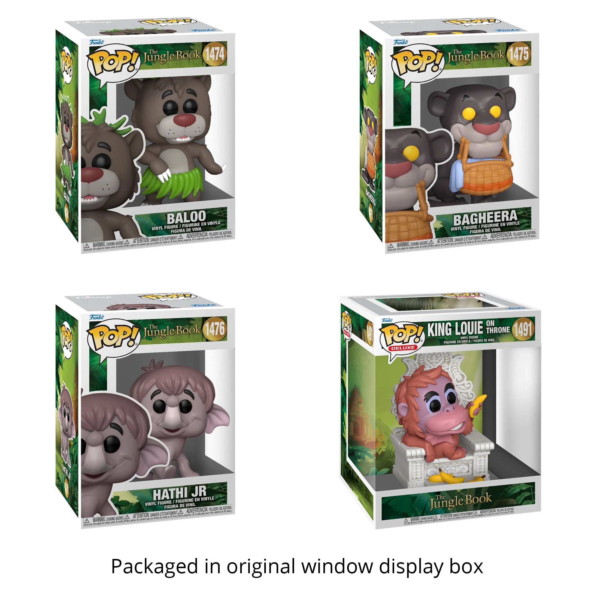 Disney Jungle Book Funko Pop Set of 4 with Protector Cases – Baloo #1474, Bagheera with Basket #1475, Hathi Jr. #1476, King Louie on Throne Deluxe #1491