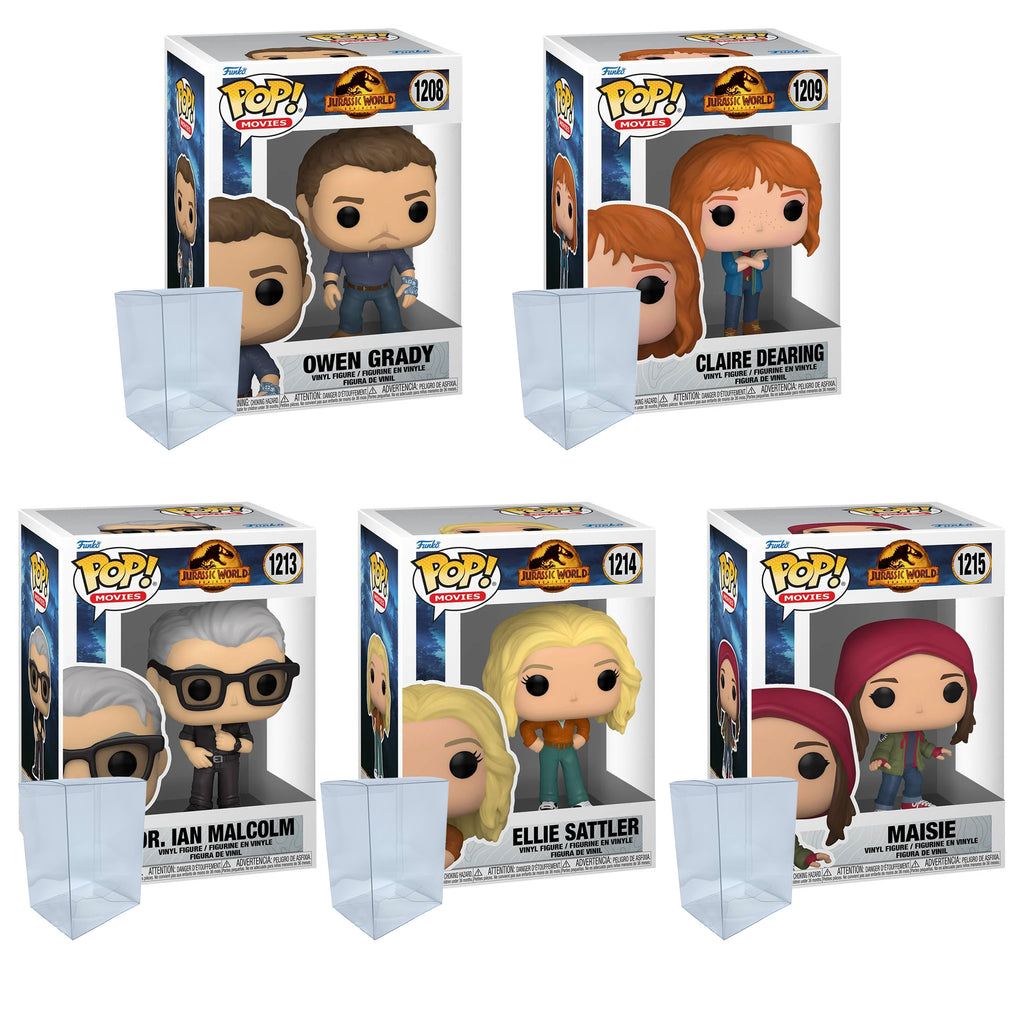 Jurassic World Dominion Funko Pop Set of 5 with Protector Cases – Owen Grady #1208, Claire Dearing #1209, Dr. Ian Malcolm #1213, Ellie Sattler #1214, Maisie #1215