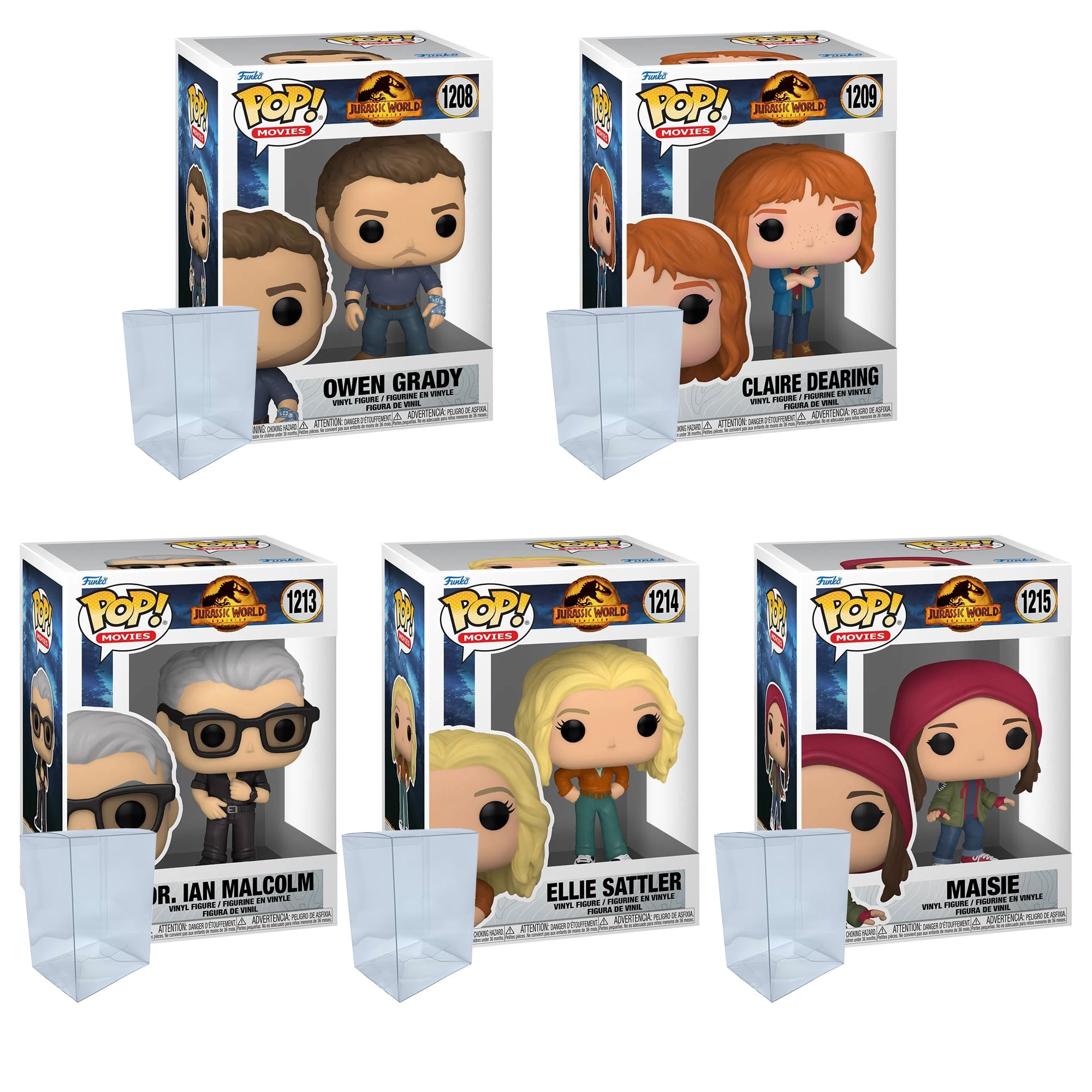 Jurassic World Dominion Funko Pop Set of 5 with Protector Cases – Owen Grady #1208, Claire Dearing #1209, Dr. Ian Malcolm #1213, Ellie Sattler #1214, Maisie #1215