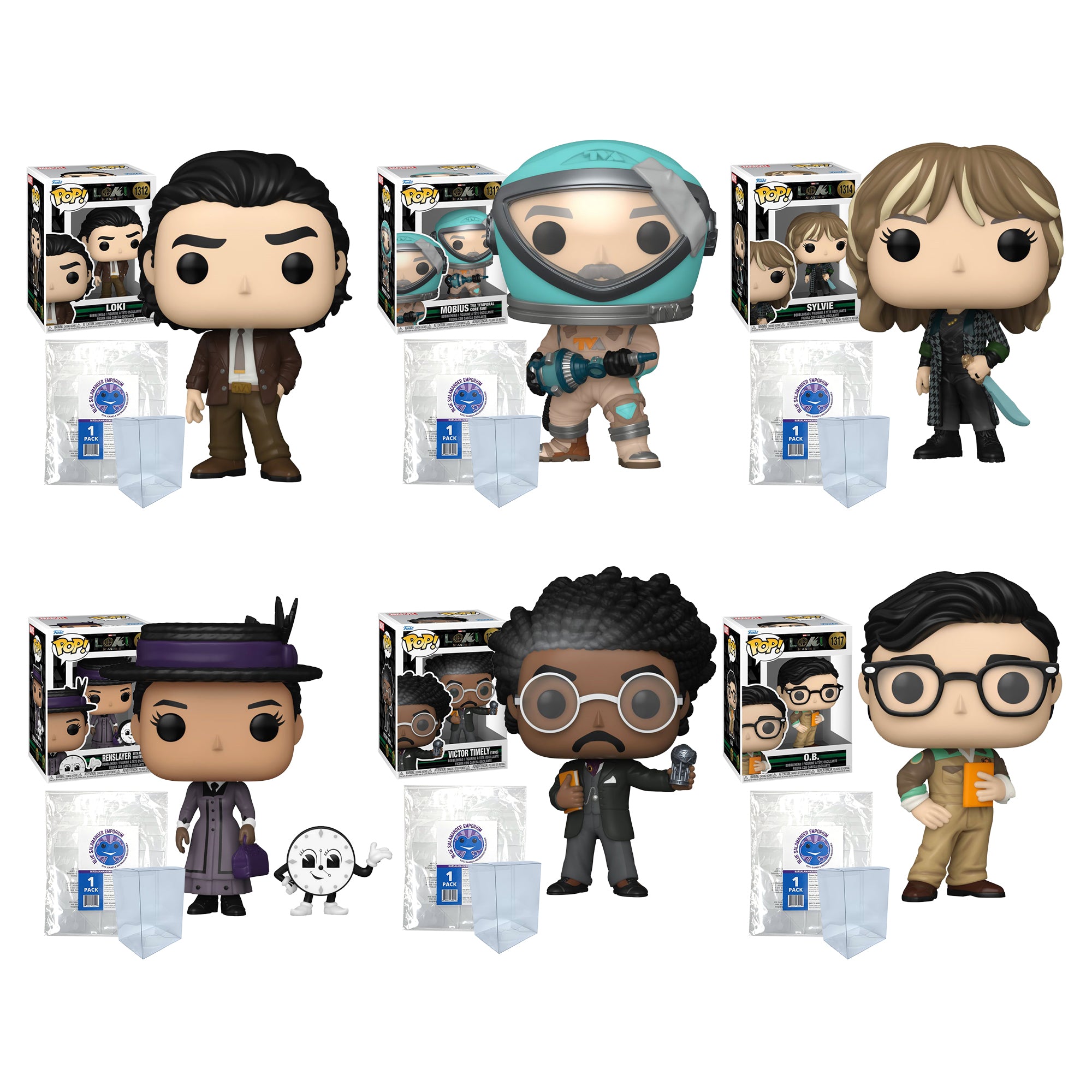 Loki Season 2 Funko Pop Set of 6 with Protector Cases – Loki #1312, Mobius #1313, Sylvie #1314, Renslayer #1315, Victor Timely #1316, O.B. #1317