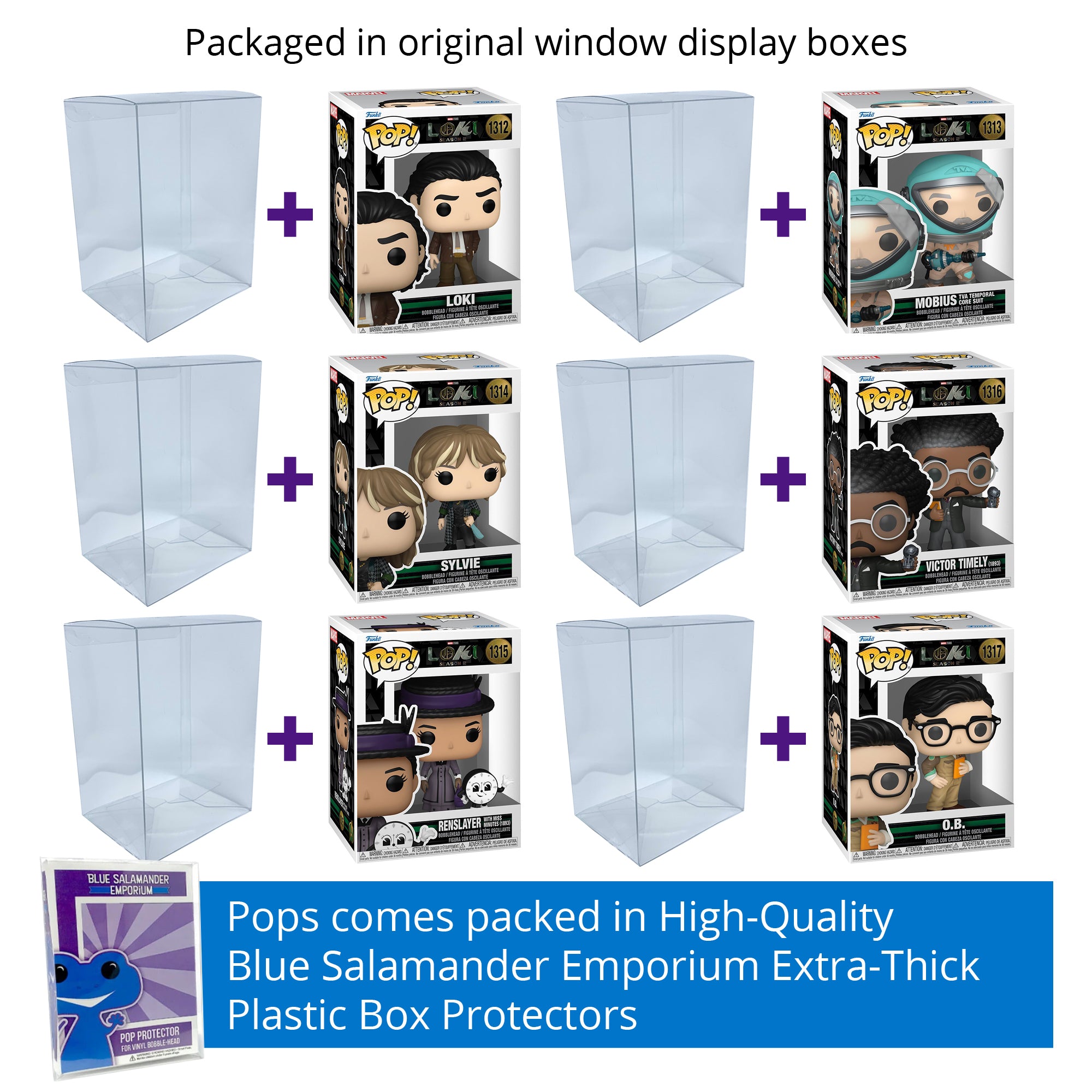 Loki Season 2 Funko Pop Set of 6 with Protector Cases – Loki #1312, Mobius #1313, Sylvie #1314, Renslayer #1315, Victor Timely #1316, O.B. #1317