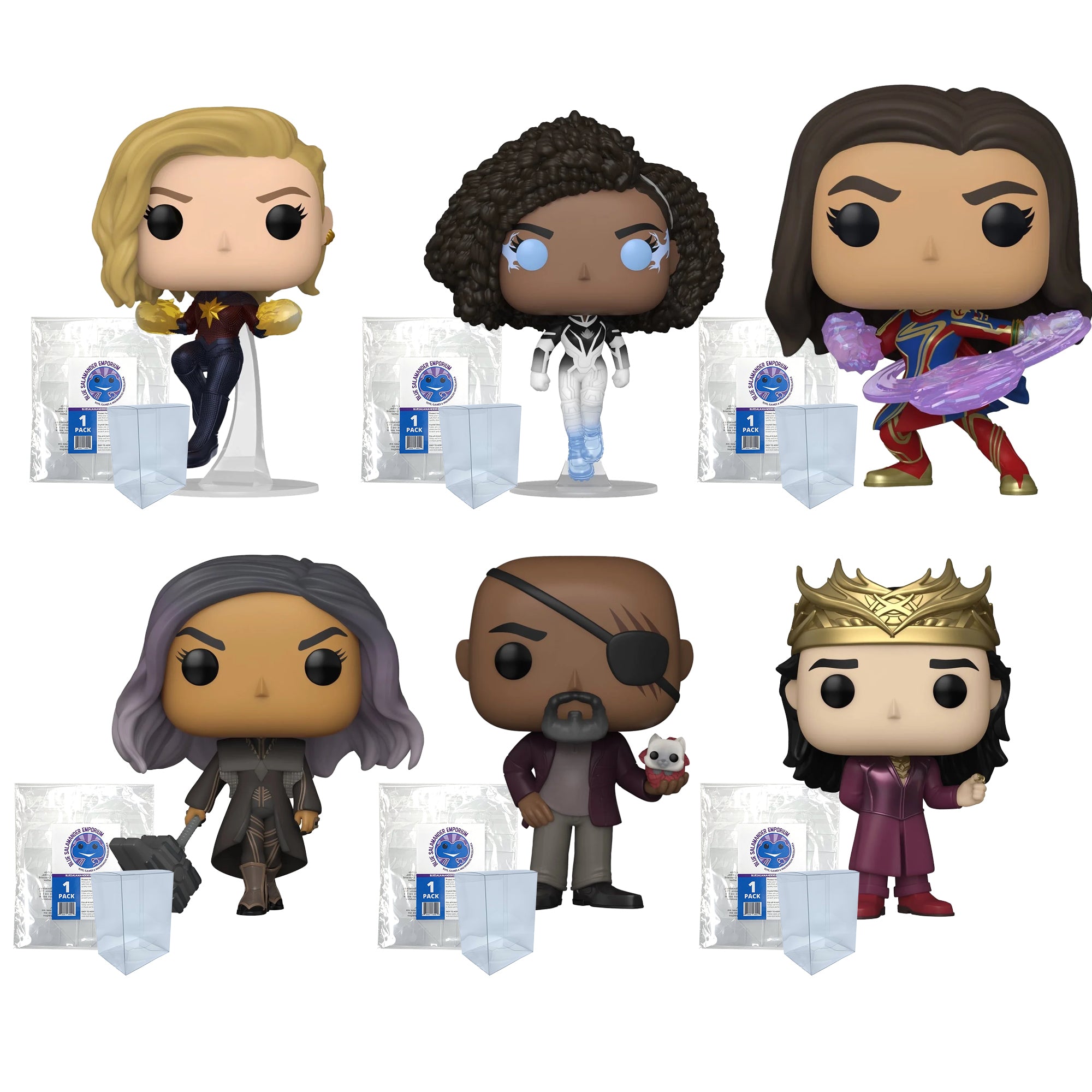 The Marvels Funko Pop Set of 6 with Protector Cases – Captain Marvel #1249, Photon #1250, Ms. Marvel #1251, Dar-Benn #1252, Nick Fury #1253, Prince Yan #1254