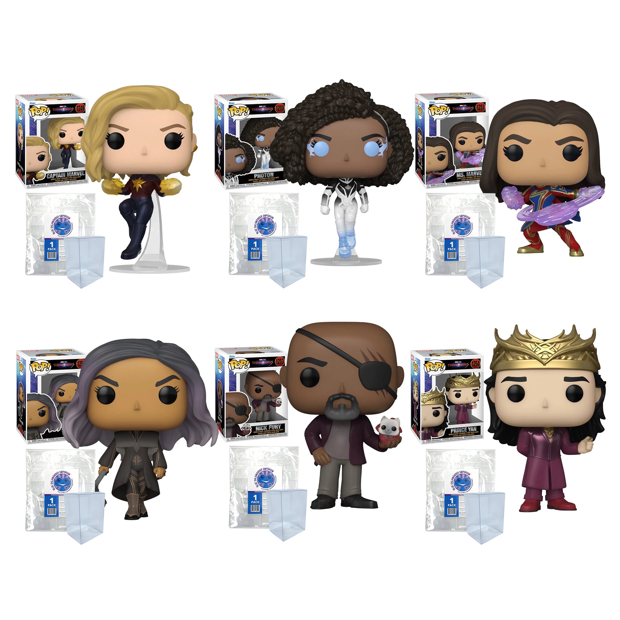 The Marvels Funko Pop Set of 6 with Protector Cases – Captain Marvel #1249, Photon #1250, Ms. Marvel #1251, Dar-Benn #1252, Nick Fury #1253, Prince Yan #1254
