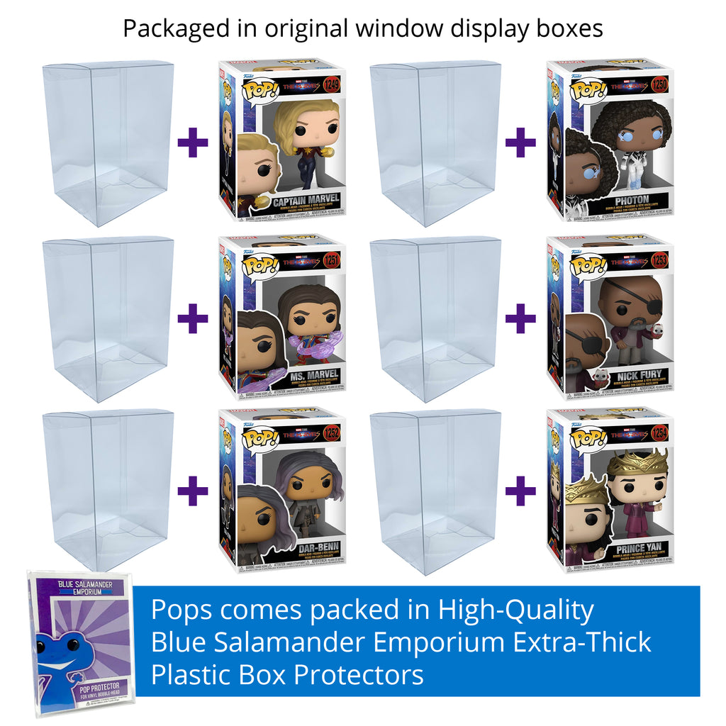 The Marvels Funko Pop Set of 6 with Protector Cases – Captain Marvel #1249, Photon #1250, Ms. Marvel #1251, Dar-Benn #1252, Nick Fury #1253, Prince Yan #1254