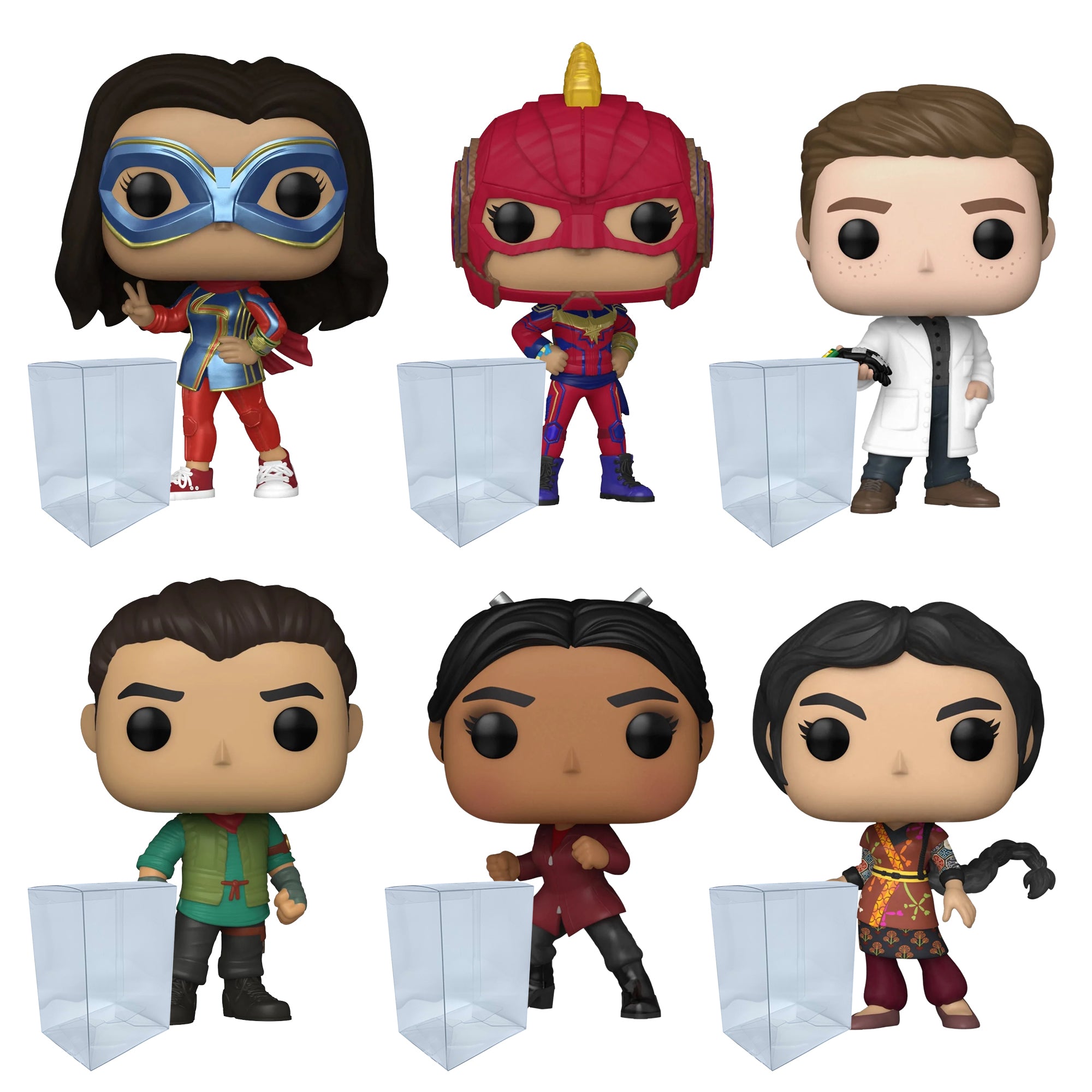 Ms. Marvel Funko Pop Set of 6 with Protector Cases – Ms. Marvel #1077, Kamala Khan #1078, Bruno #1079, Red Dagger #1080, Najma #1081, Aisha #1082