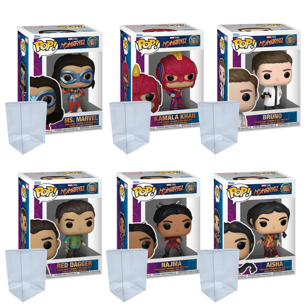 Ms. Marvel Funko Pop Set of 6 with Protector Cases – Ms. Marvel #1077, Kamala Khan #1078, Bruno #1079, Red Dagger #1080, Najma #1081, Aisha #1082