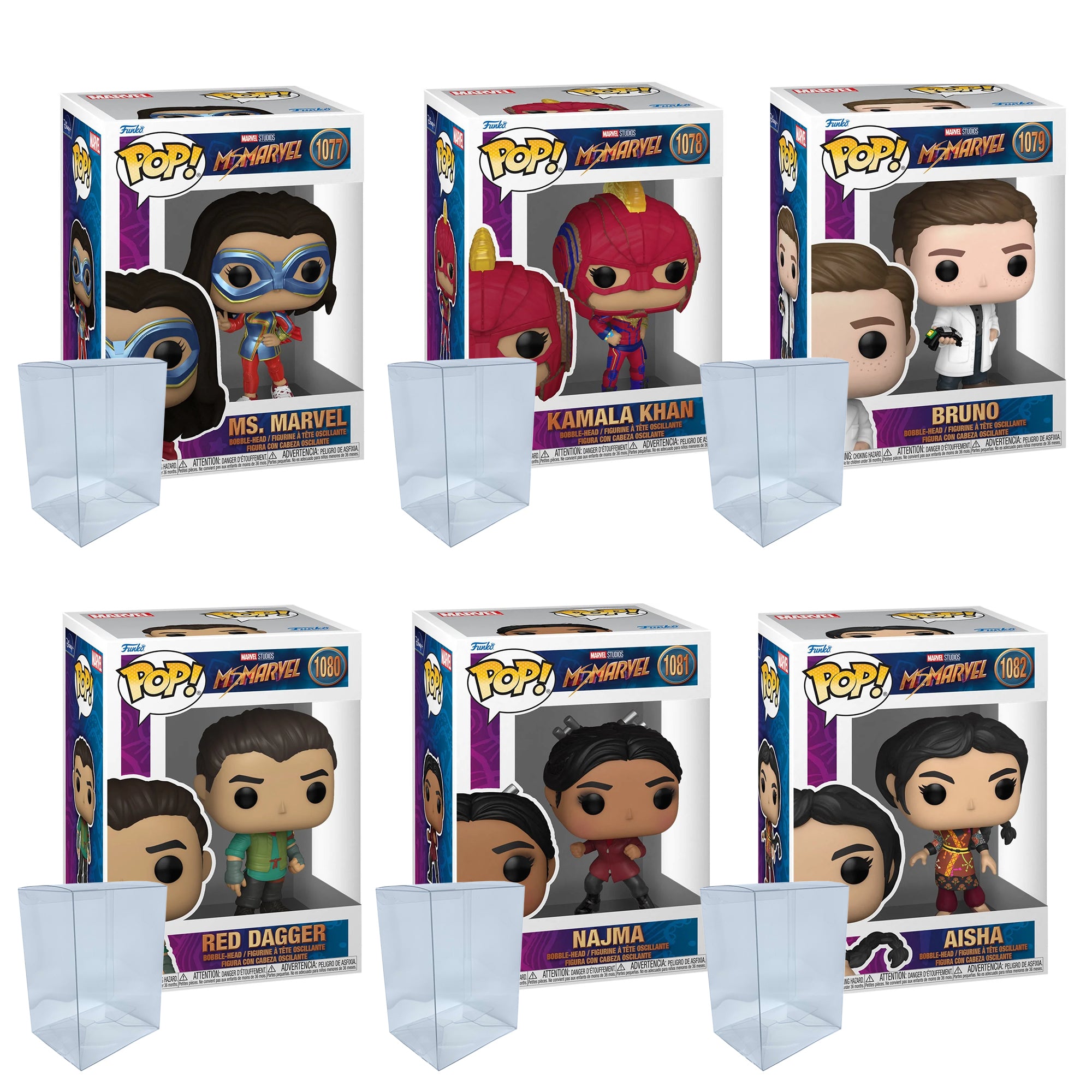 Ms. Marvel Funko Pop Set of 6 with Protector Cases – Ms. Marvel #1077, Kamala Khan #1078, Bruno #1079, Red Dagger #1080, Najma #1081, Aisha #1082