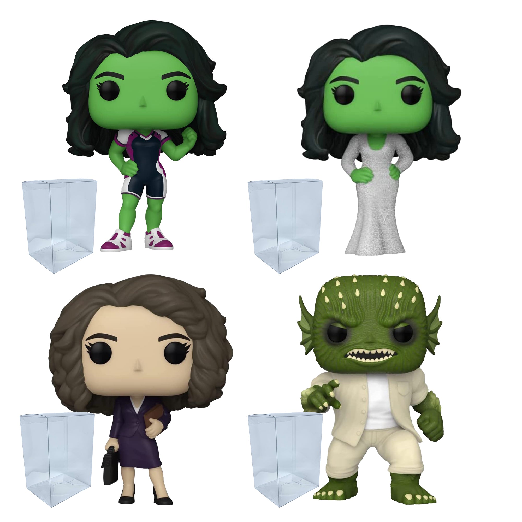 She-Hulk Funko Pop Set of 4 with Protector Cases – She-Hulk #1126, She-Hulk Gala #1127, Jennifer #1128, Abomination #1129