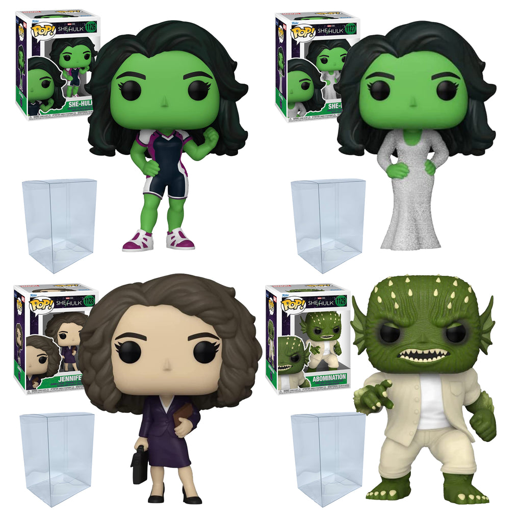 She-Hulk Funko Pop Set of 4 with Protector Cases – She-Hulk #1126, She-Hulk Gala #1127, Jennifer #1128, Abomination #1129