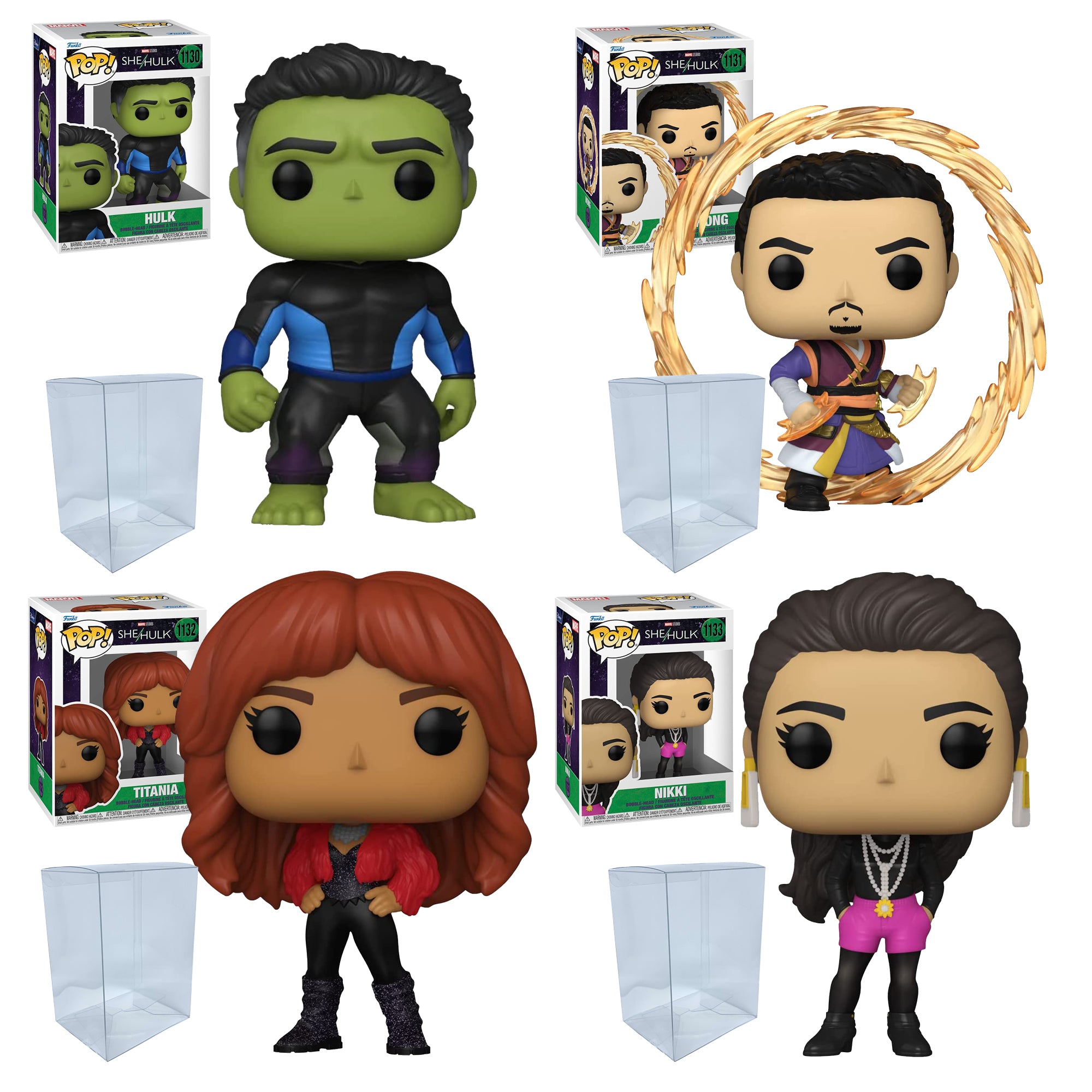 She-Hulk Funko Pop Set of 4 with Protector Cases – Hulk #1130, Wong #1131, Titania #1132, Nikki #1133