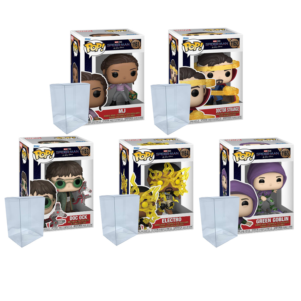 Spider-Man No Way Home Funko Pop Set of 5 with Protector Cases – MJ #1161, Doctor Strange #1162, Doc Ock #1163, Electro #1164, Green Goblin #1165