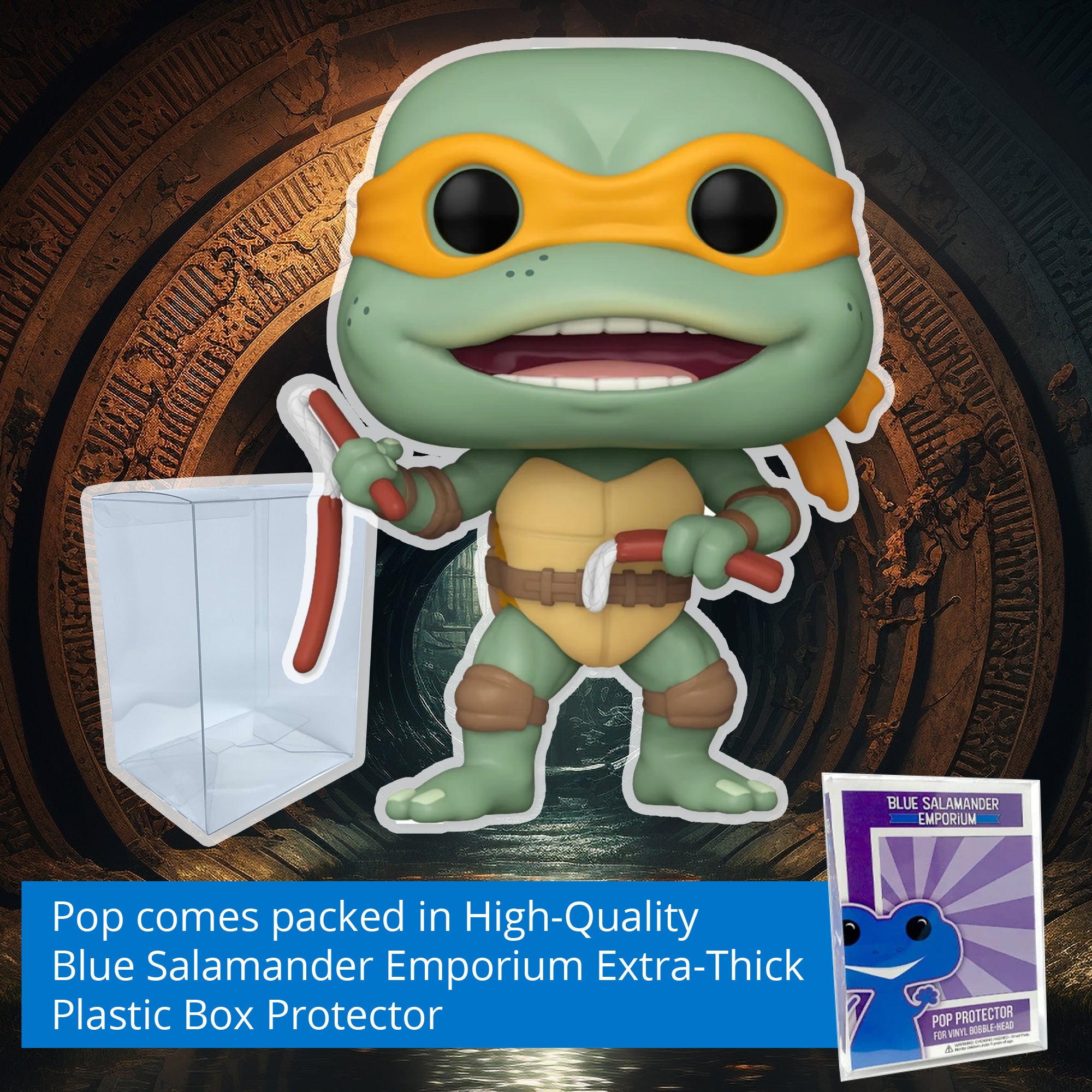 TMNT Michelangelo Sausage Link Nunchucks Funko Pop #1611 with Protective Case – 1990 Movie Vinyl Figure Bundle