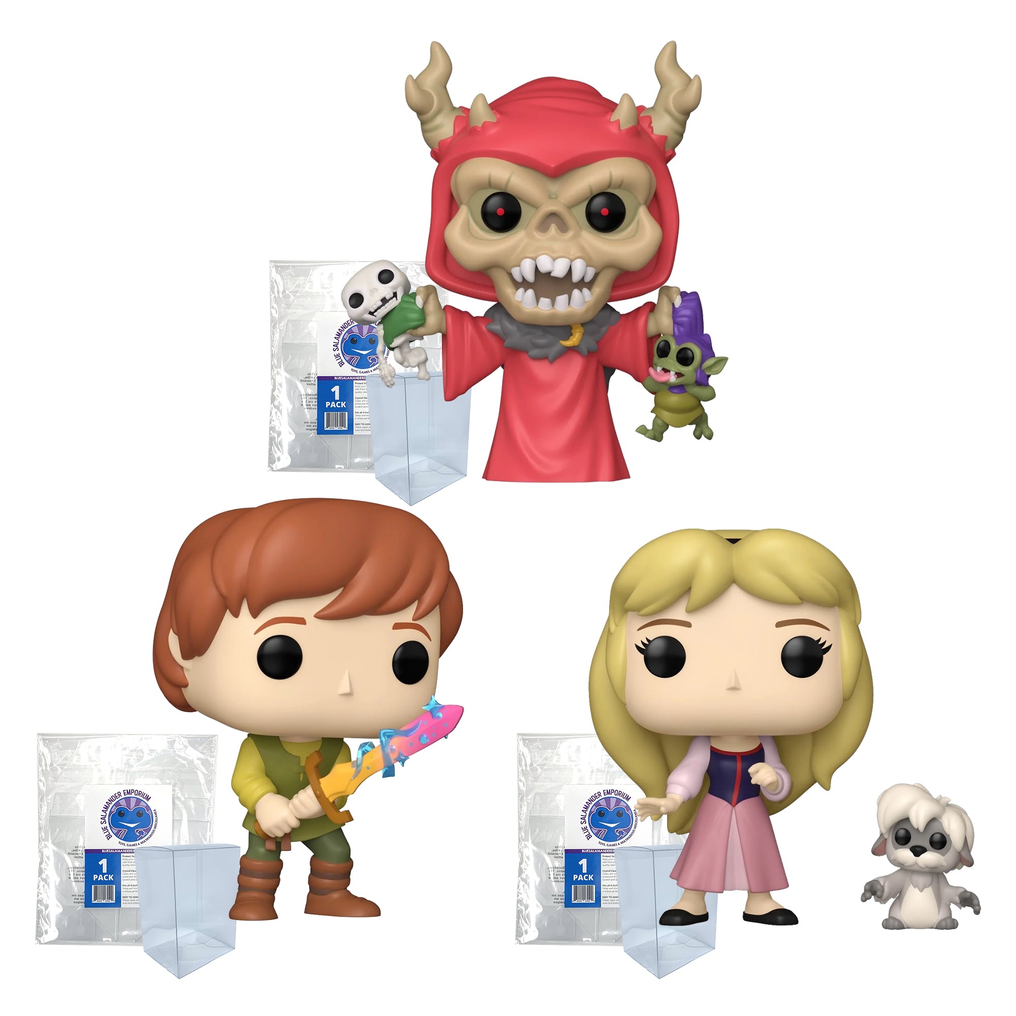 The Black Cauldron Funko Pop Set of 3 with Protector Cases – Taran with Sword #1587, Eilonwy with Gurgi #1588, Horned King with Creeper #1586