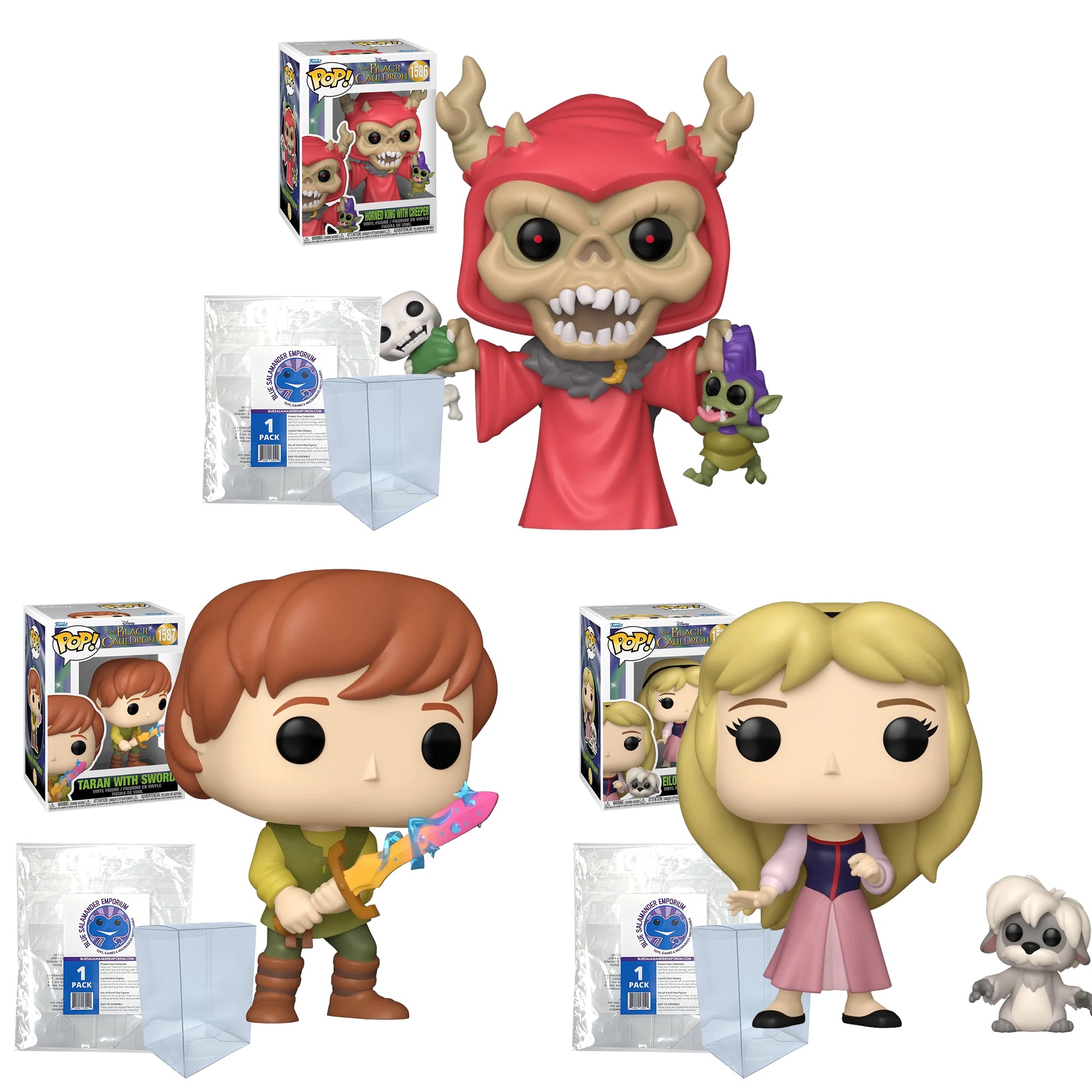 The Black Cauldron Funko Pop Set of 3 with Protector Cases – Taran with Sword #1587, Eilonwy with Gurgi #1588, Horned King with Creeper #1586