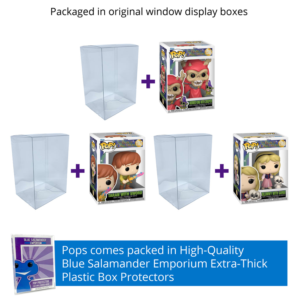 The Black Cauldron Funko Pop Set of 3 with Protector Cases – Taran with Sword #1587, Eilonwy with Gurgi #1588, Horned King with Creeper #1586