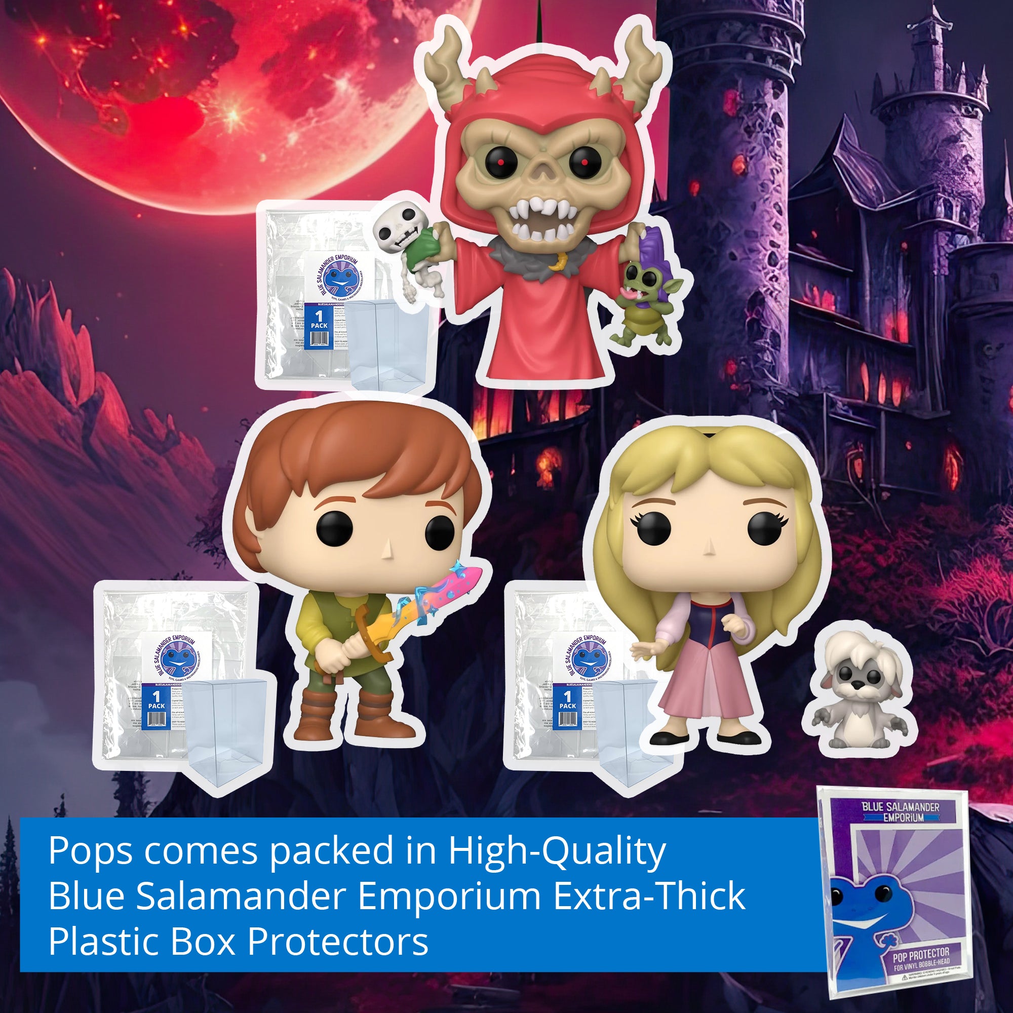 The Black Cauldron Funko Pop Set of 3 with Protector Cases – Taran with Sword #1587, Eilonwy with Gurgi #1588, Horned King with Creeper #1586