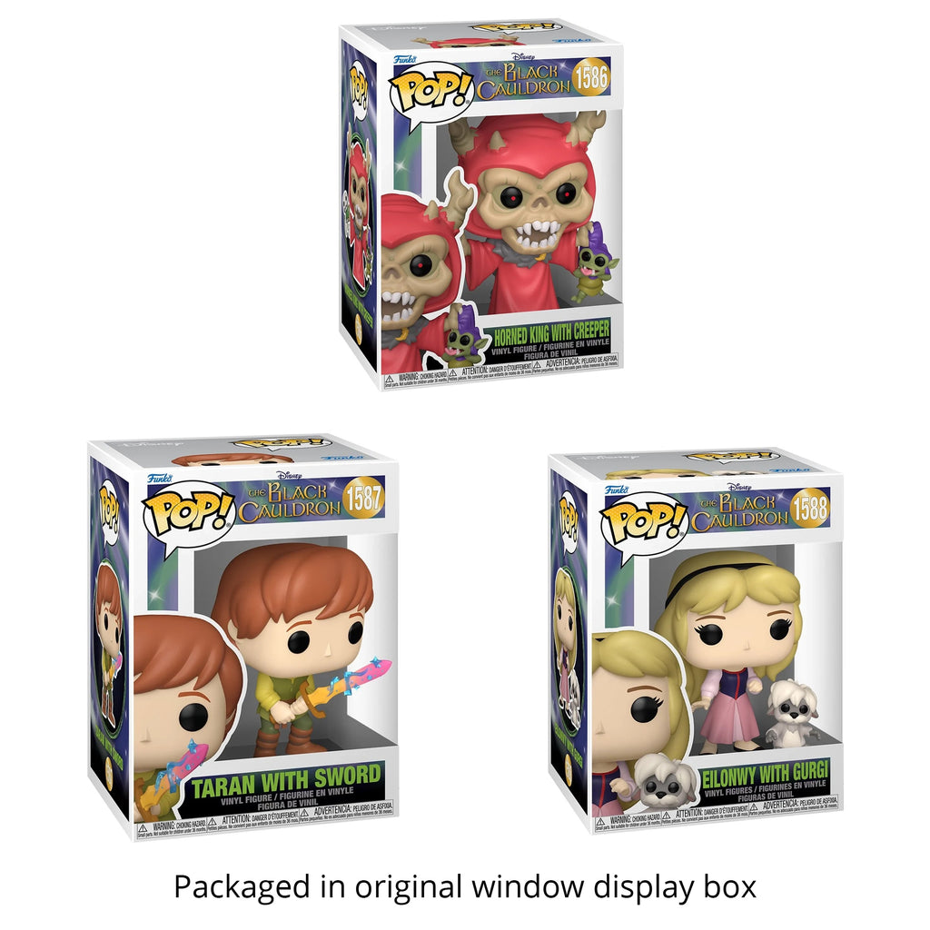 The Black Cauldron Funko Pop Set of 3 with Protector Cases – Taran with Sword #1587, Eilonwy with Gurgi #1588, Horned King with Creeper #1586
