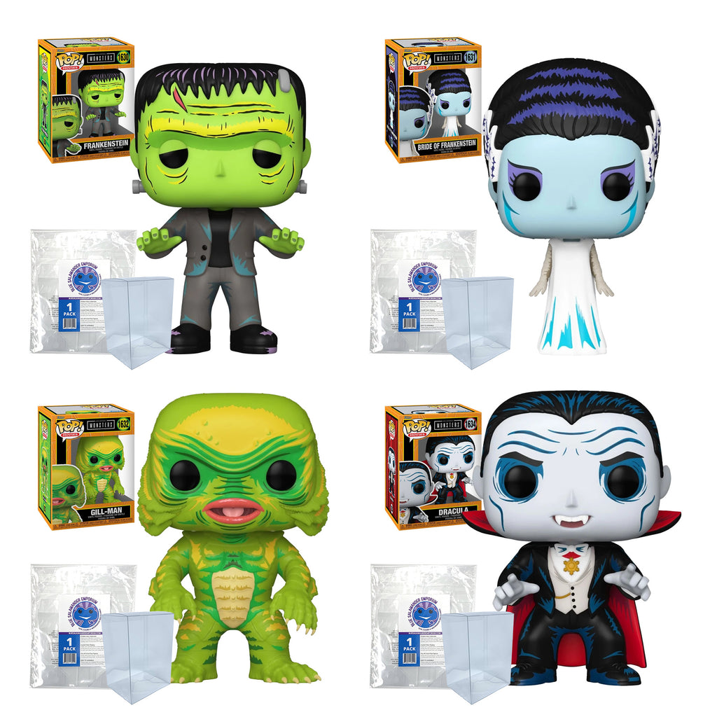 Universal Monsters: Frankenstein #1630, Bride of Frankenstein #1631, Gill-Man #1632, Dracula #1634 Funko Pops + 4 Blue Salamander Emporium Protector Cases