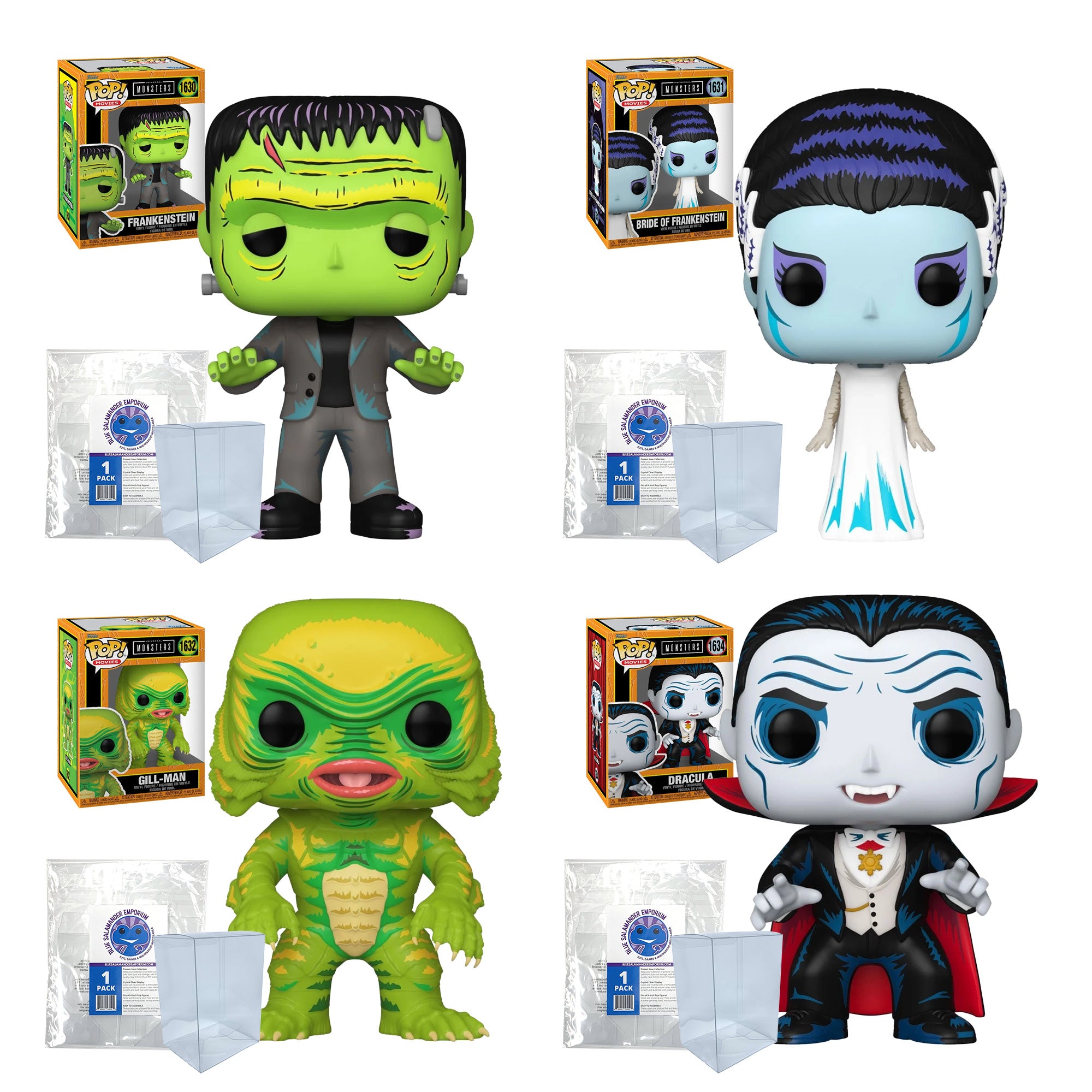 Universal Monsters: Frankenstein #1630, Bride of Frankenstein #1631, Gill-Man #1632, Dracula #1634 Funko Pops + 4 Blue Salamander Emporium Protector Cases