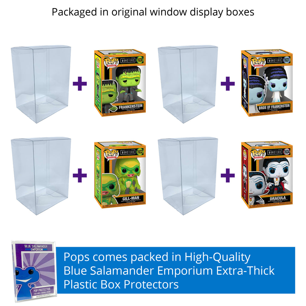 Universal Monsters: Frankenstein #1630, Bride of Frankenstein #1631, Gill-Man #1632, Dracula #1634 Funko Pops + 4 Blue Salamander Emporium Protector Cases