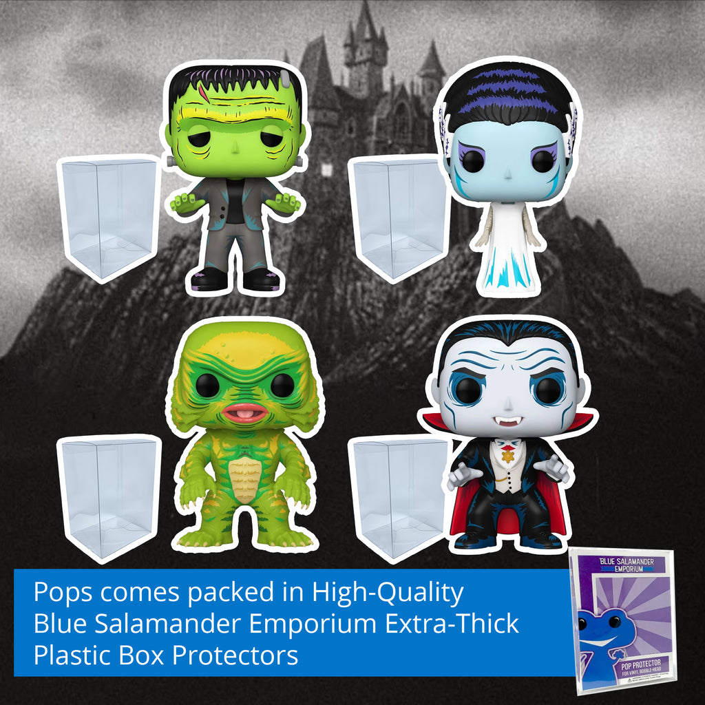 Universal Monsters: Frankenstein #1630, Bride of Frankenstein #1631, Gill-Man #1632, Dracula #1634 Funko Pops + 4 Blue Salamander Emporium Protector Cases
