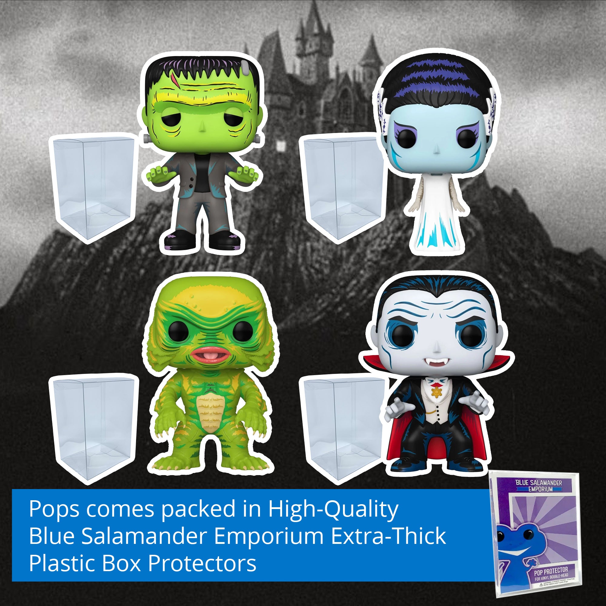 Universal Monsters: Frankenstein #1630, Bride of Frankenstein #1631, Gill-Man #1632, Dracula #1634 Funko Pops + 4 Blue Salamander Emporium Protector Cases