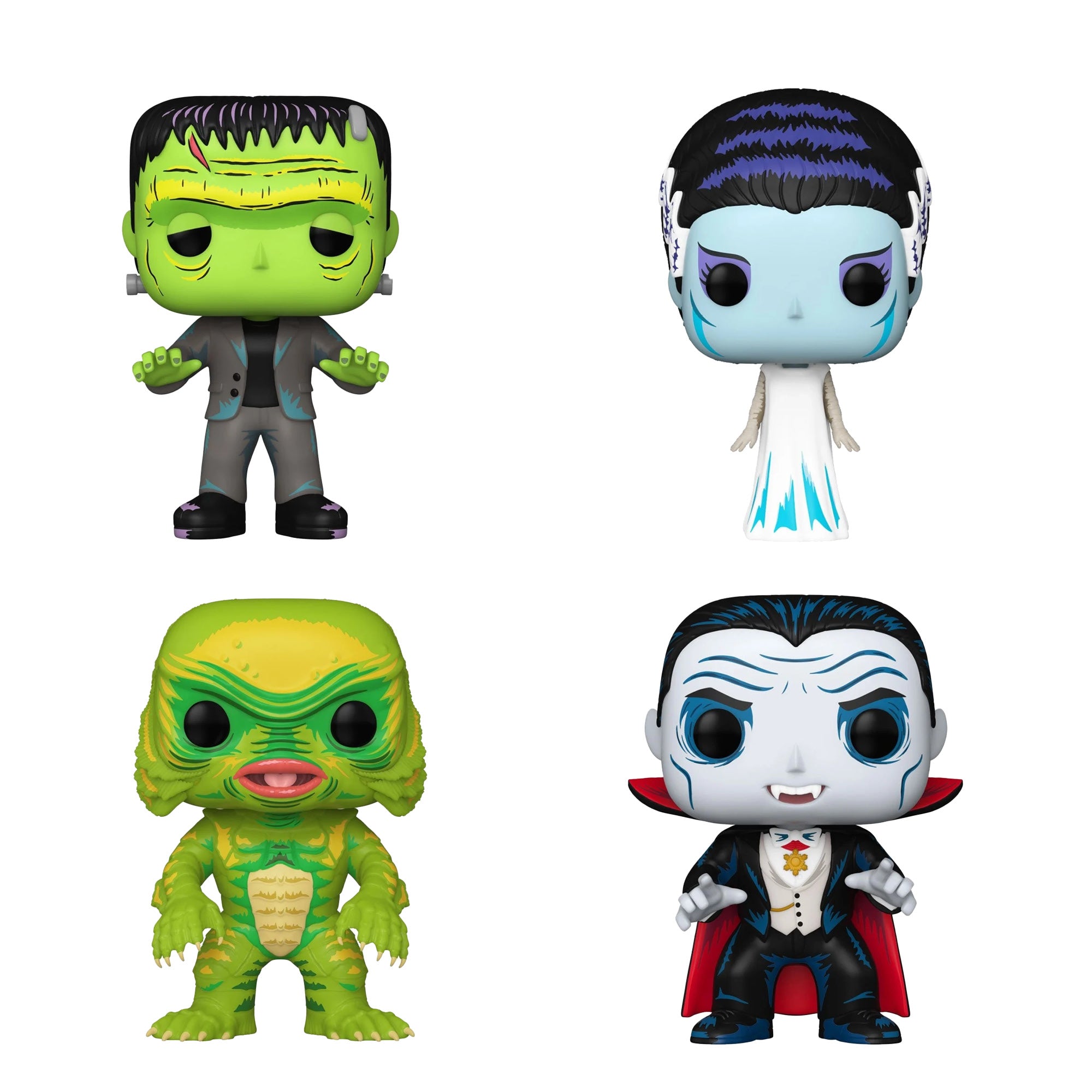 Universal Monsters: Frankenstein #1630, Bride of Frankenstein #1631, Gill-Man #1632, Dracula #1634 Funko Pops + 4 Blue Salamander Emporium Protector Cases