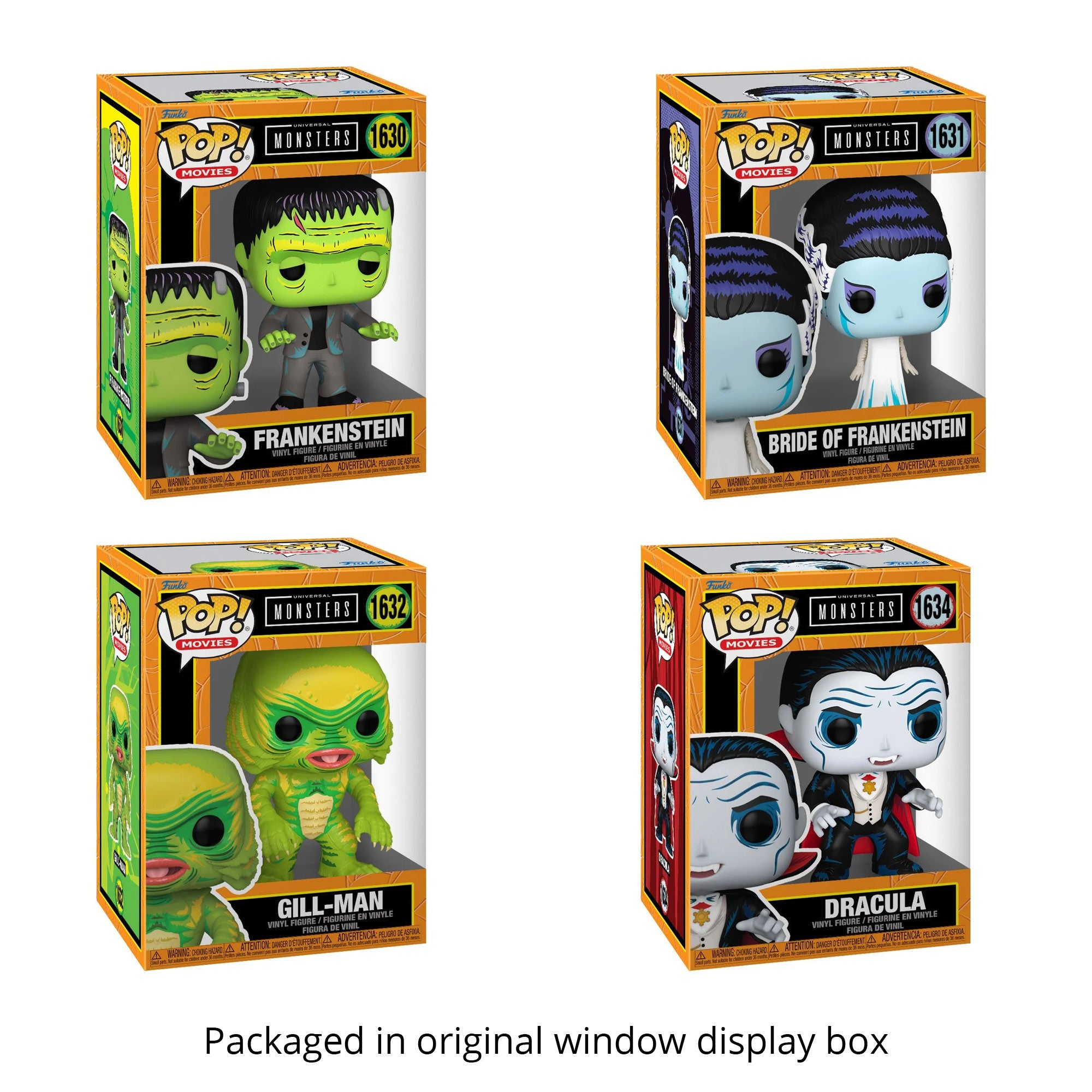 Universal Monsters: Frankenstein #1630, Bride of Frankenstein #1631, Gill-Man #1632, Dracula #1634 Funko Pops + 4 Blue Salamander Emporium Protector Cases