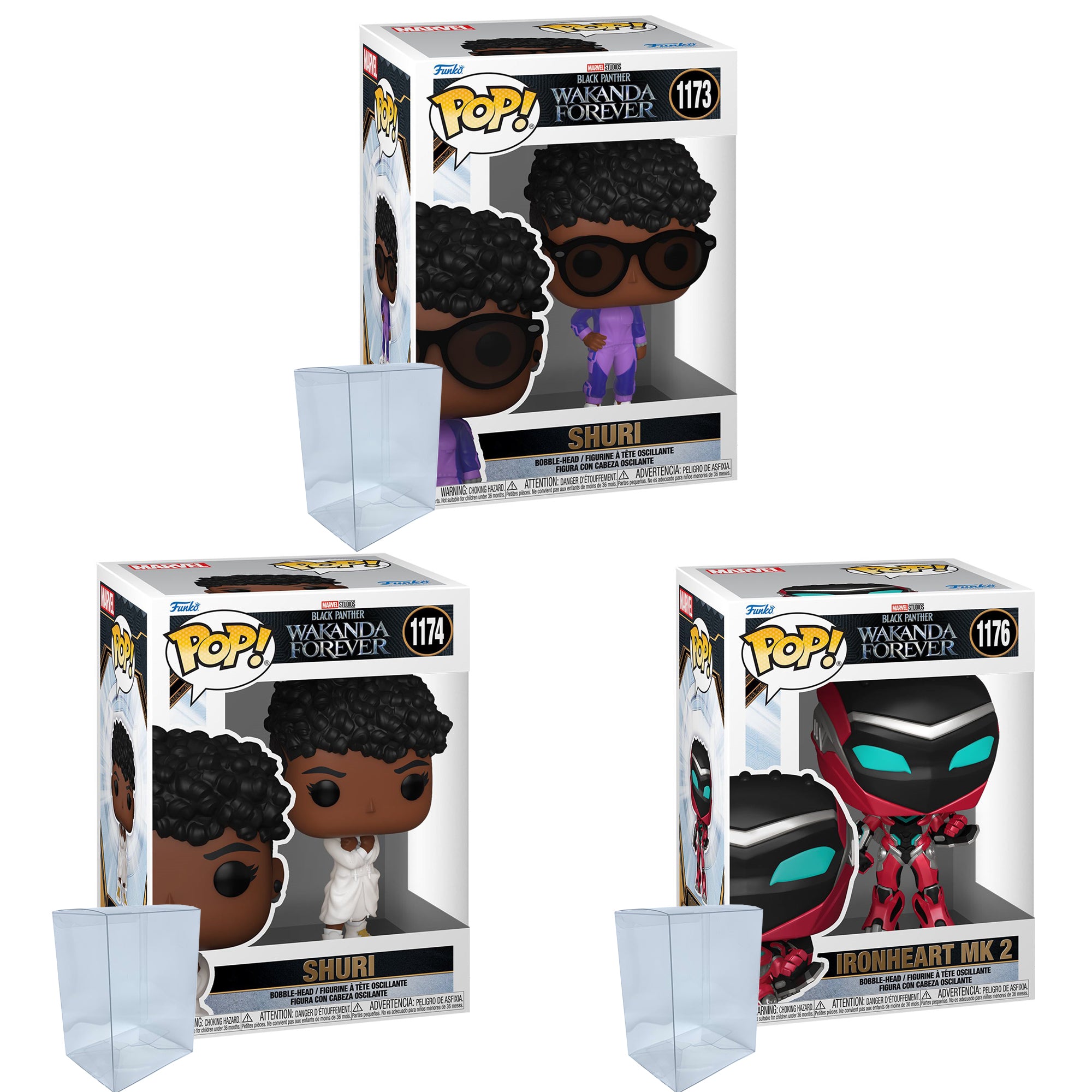 Black Panther Wakanda Forever Funko Pop Set of 3 with Protector Cases – Shuri #1173, Shuri #1174, Ironheart MK2 #1176