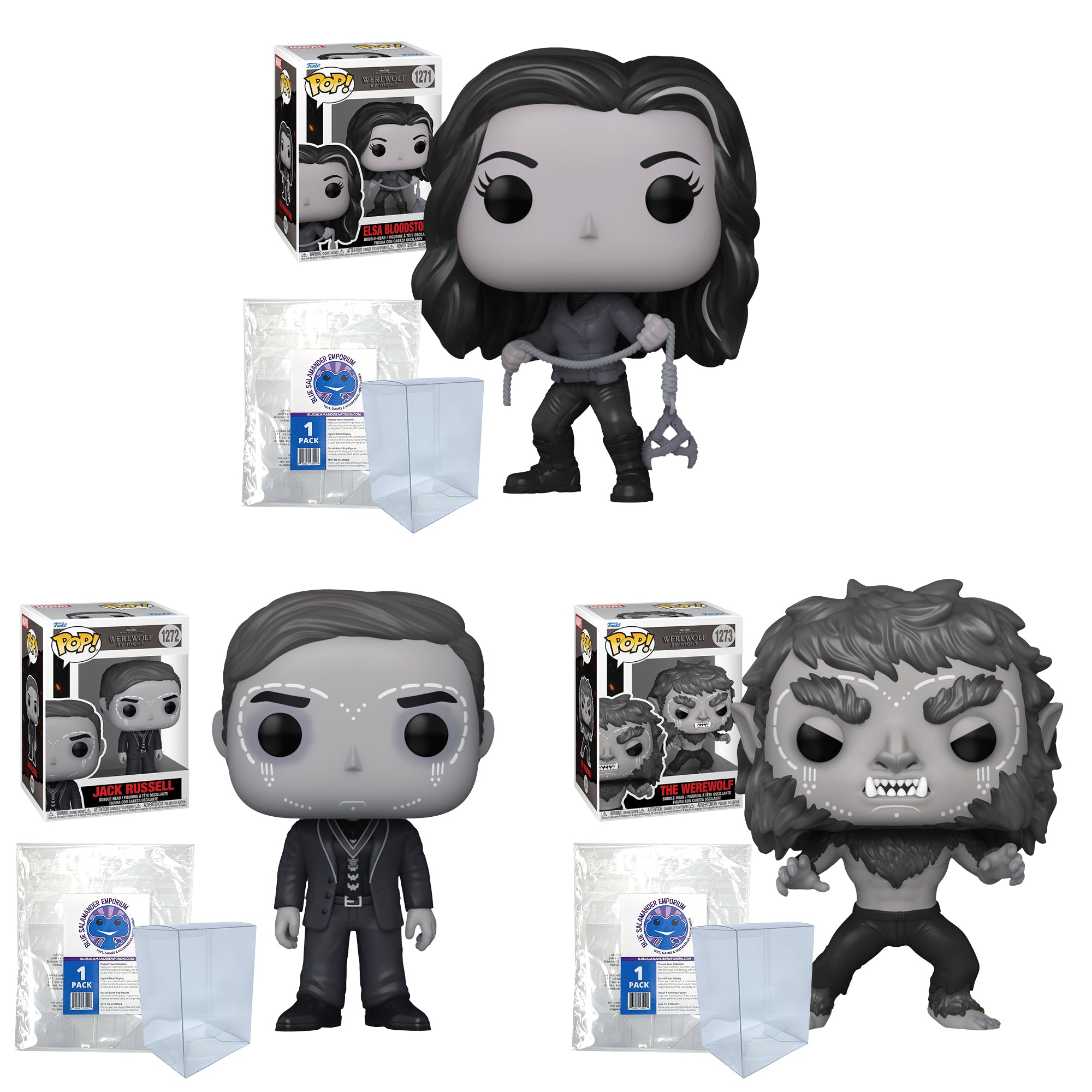 Werewolf by Night Funko Pop Set of 3 with Protector Cases – Elsa Bloodstone #1271, Jack Russell #1272, The Werewolf #1273